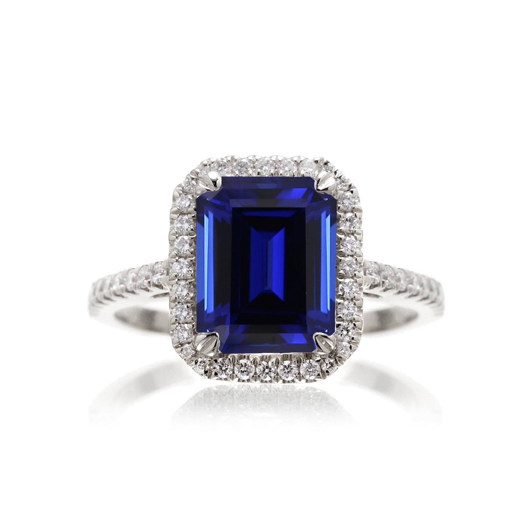 Emerald cut sapphire store and diamond ring