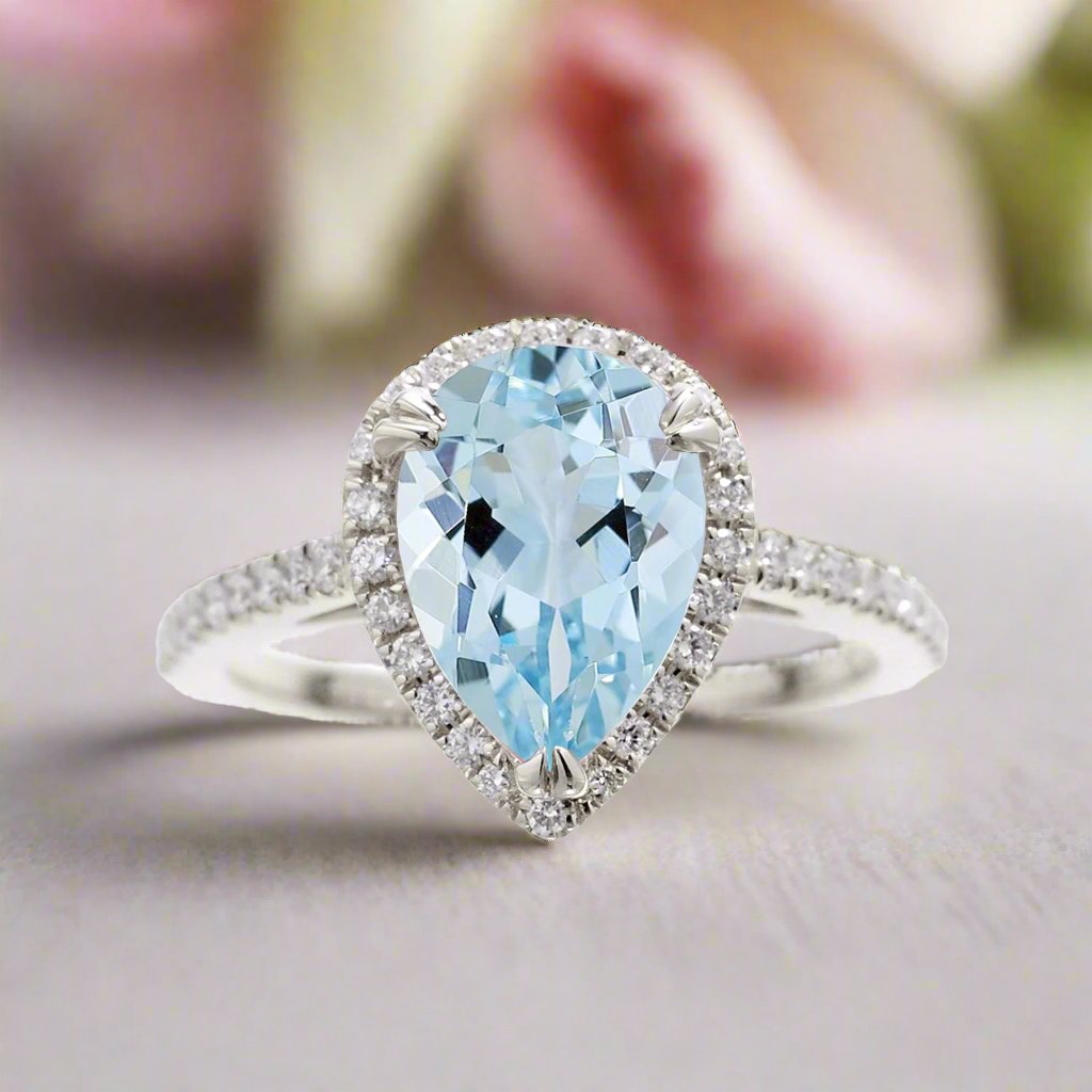 1.89 Cts buy Real Aquamarine Pear Cut For Fine Pear Cut Engagement Ring, Halo Aquamarine Pendant, Pear Halo Ring, Bespoke Ring, Loose Aquamarine