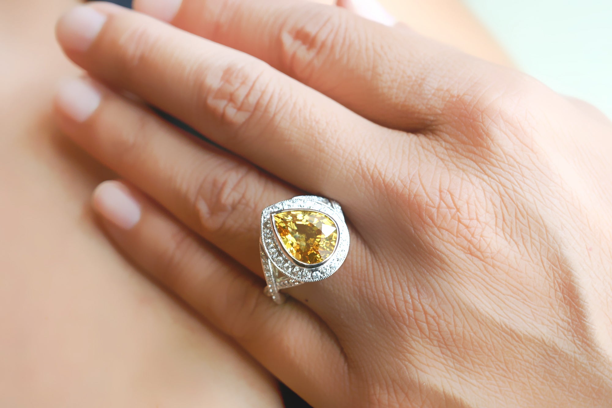 Yellow diamond teardrop engagement on sale ring