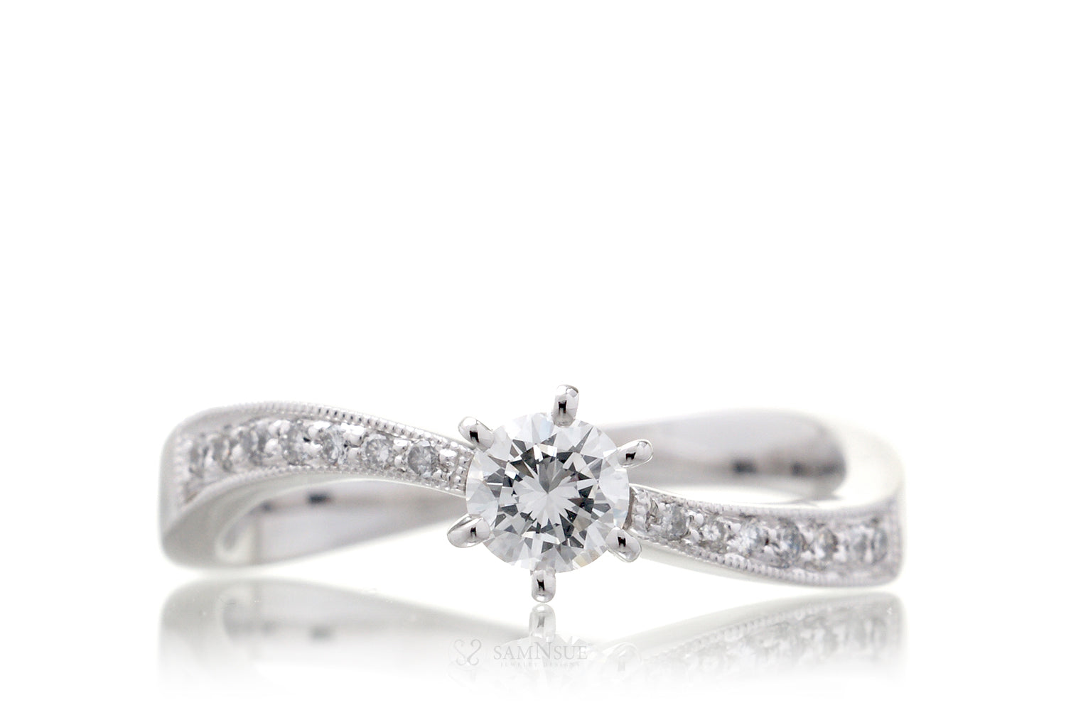 Wavy Round Diamond Engagement Ring Set - One Carat Diamond Half Eternity