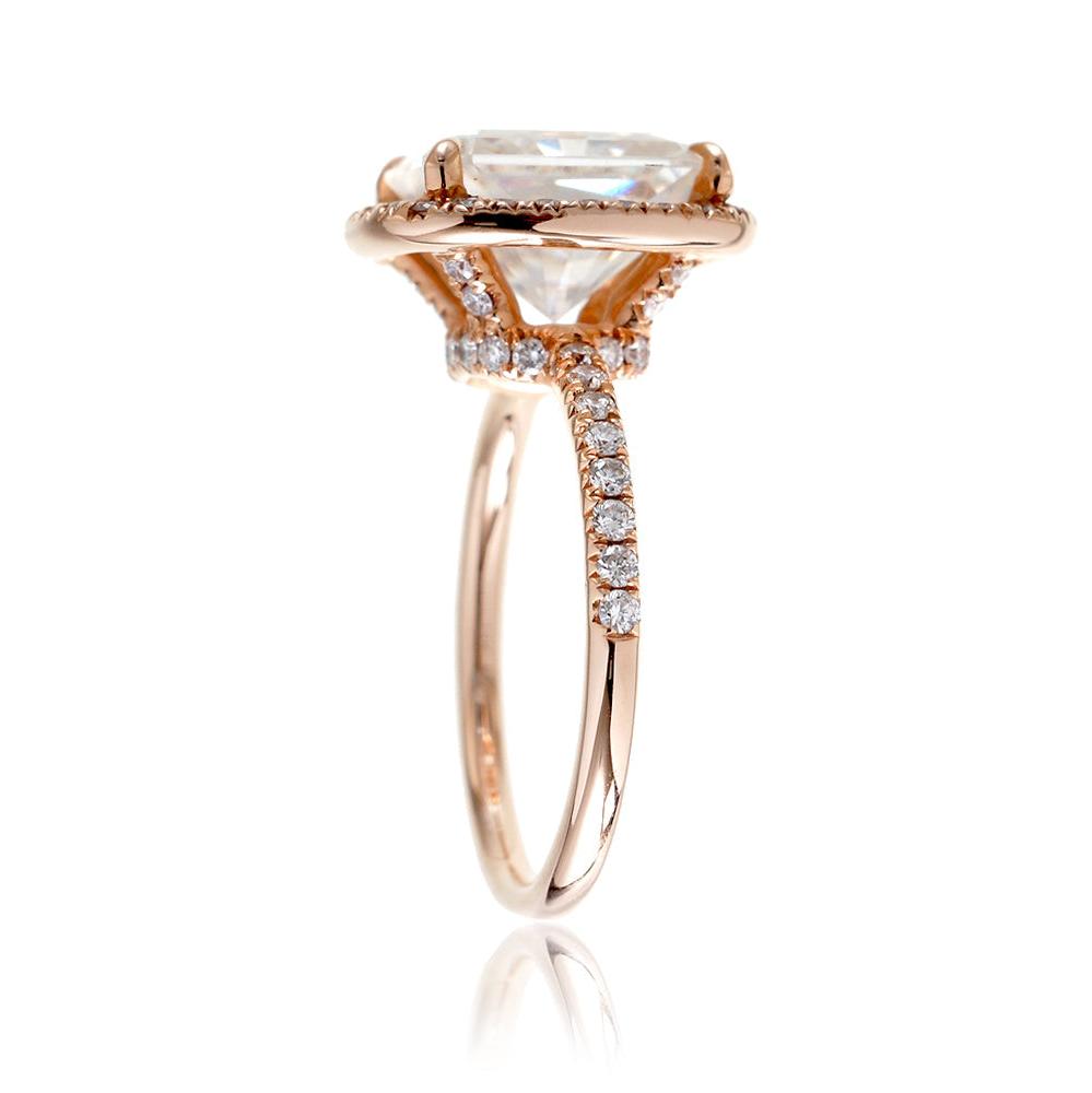 Radiant cut engagement ring with diamond halo and band the Drenched rose gold profile view