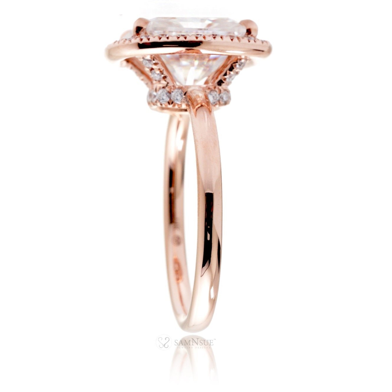 Radiant cut engagement ring with diamond halo and band the Drenched rose gold solid band