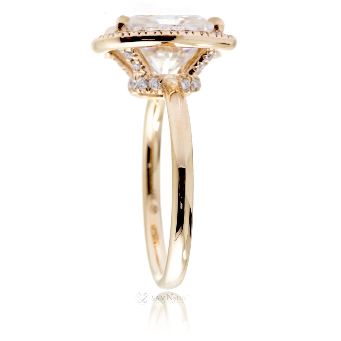 Radiant cut engagement ring with diamond halo and band the Drenched yellow gold solid band