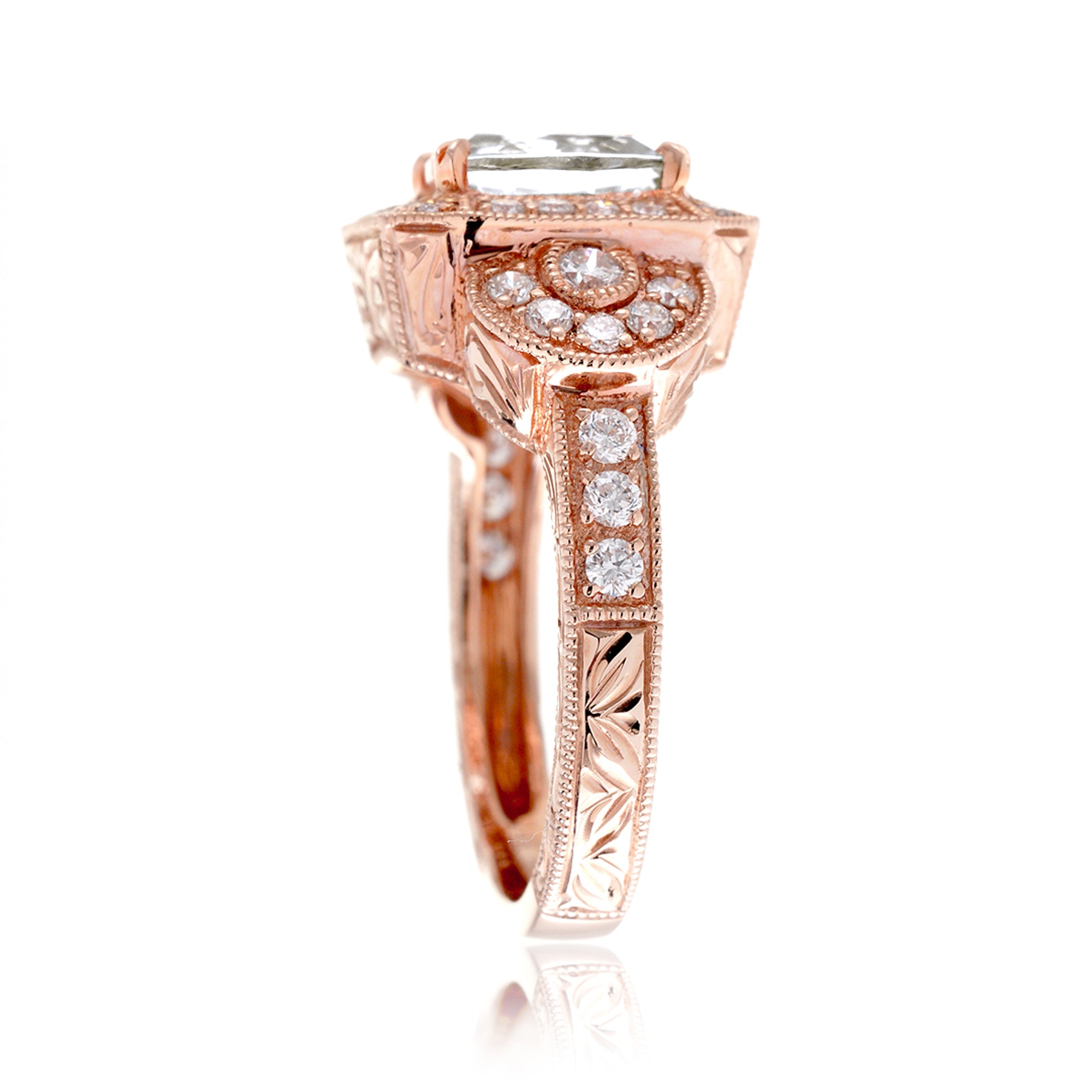 Cushion old miner's cut diamond in a vintage antique style engagement ring rose gold