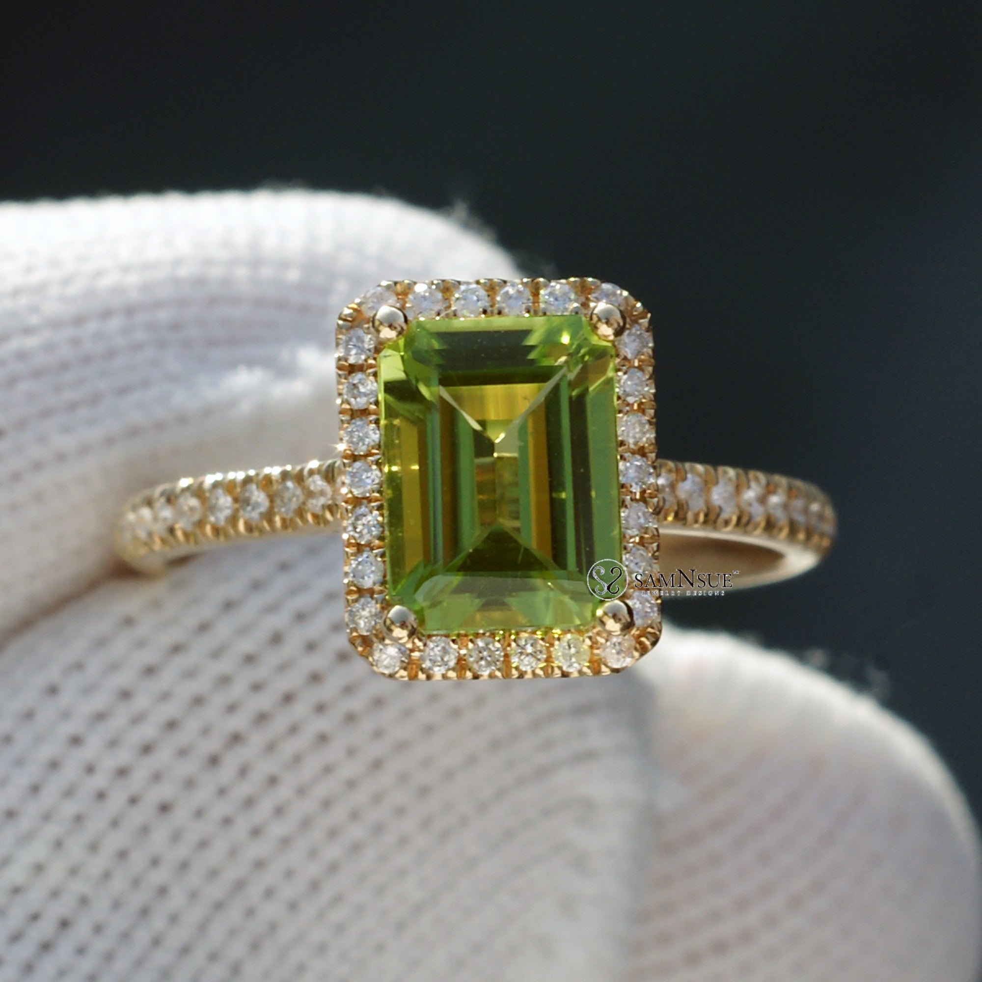 Peridot diamond halo ring emerald cut yellow gold 8x6mm