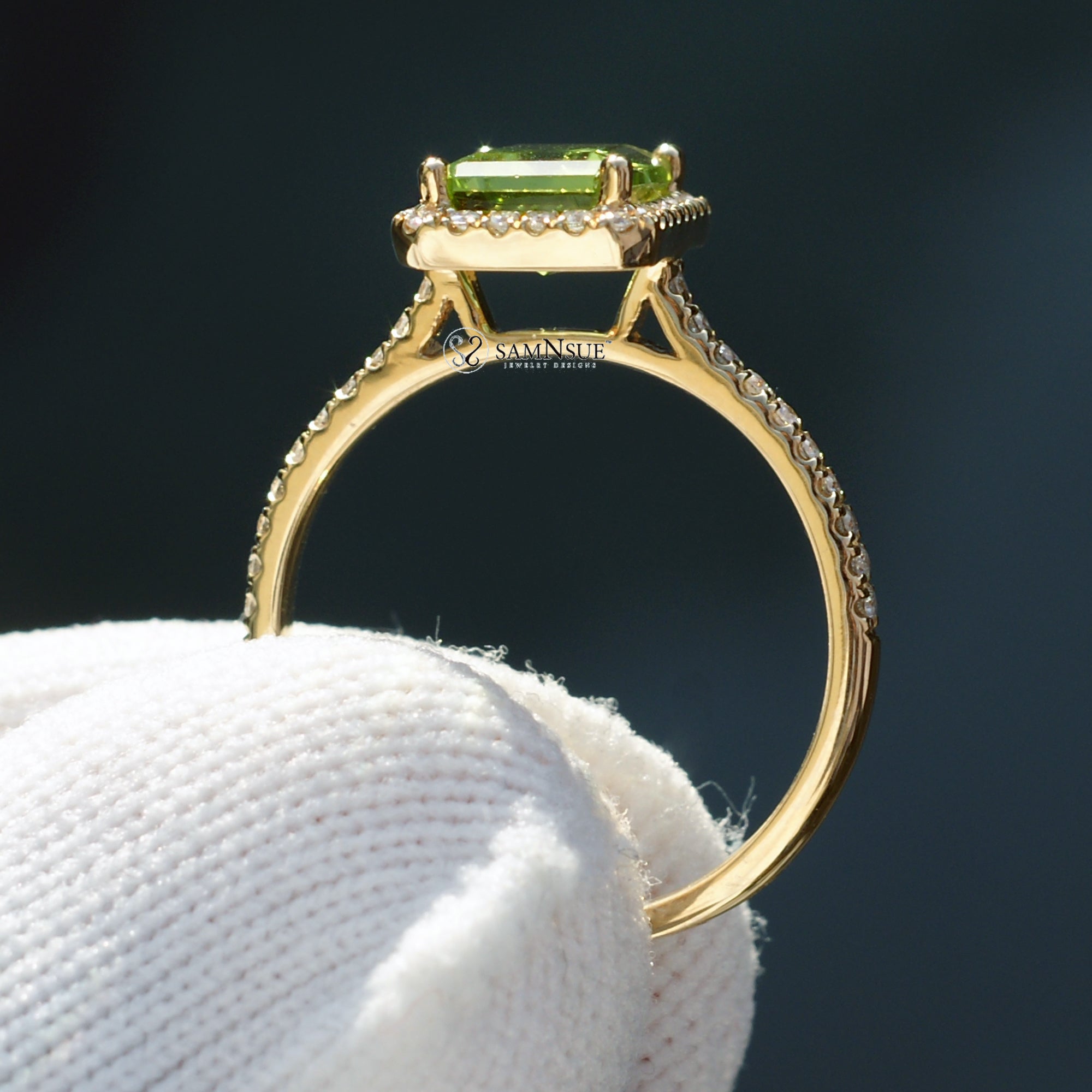 Peridot diamond halo ring emerald cut yellow gold 8x6mm