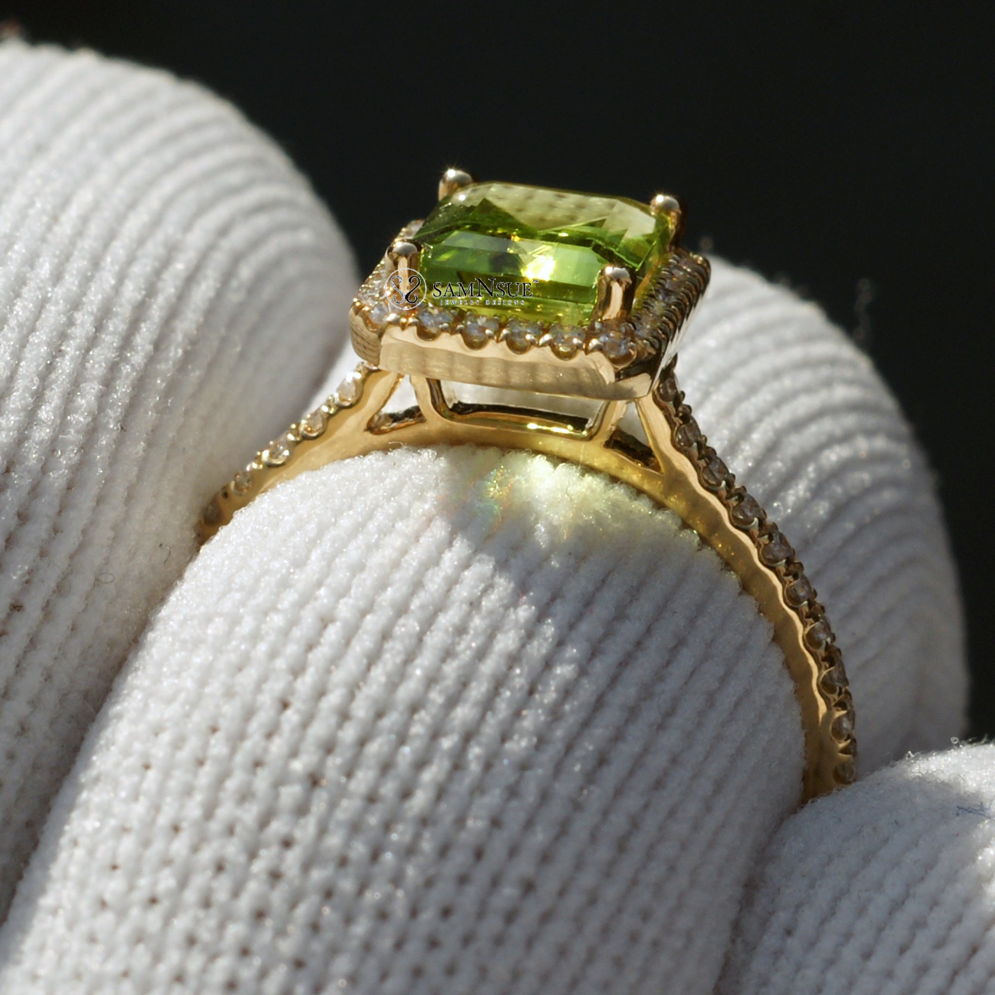 Peridot diamond halo ring emerald cut yellow gold 8x6mm