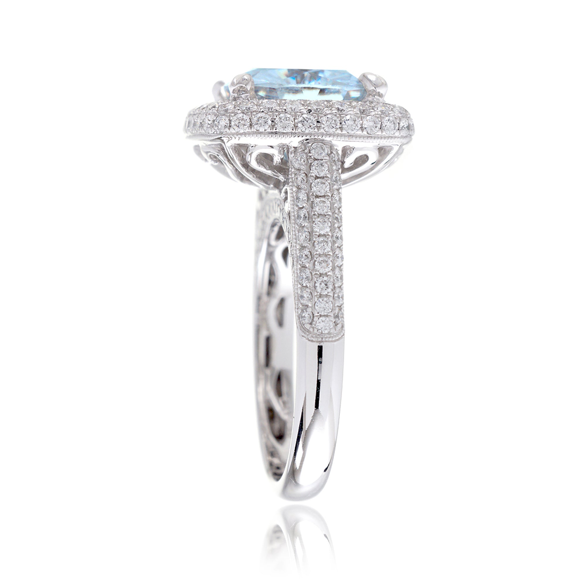 Cushion aquamarine micro pave dome diamond halo three dimensional ring white gold