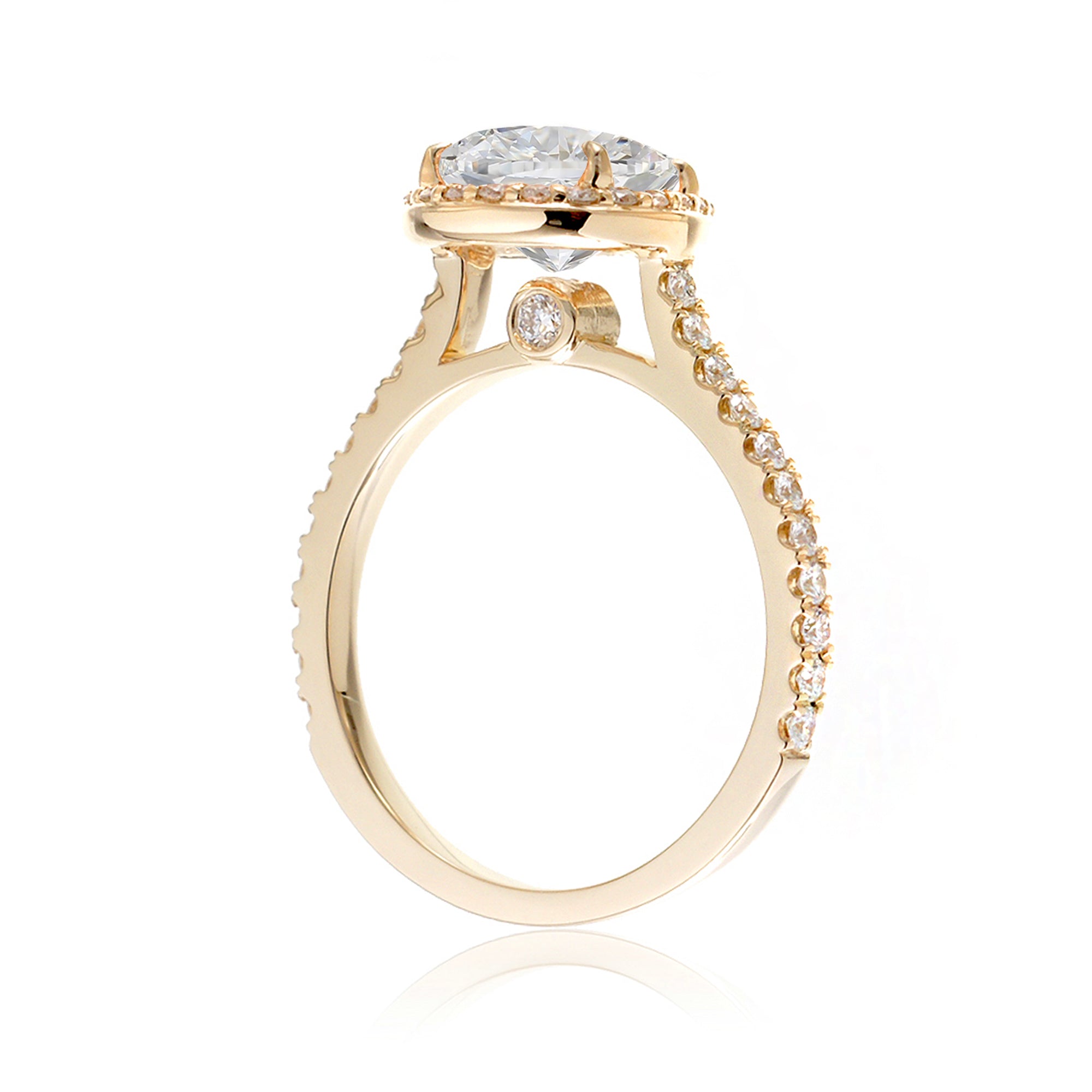 Pear diamond engagement ring the sunset halo yellow gold