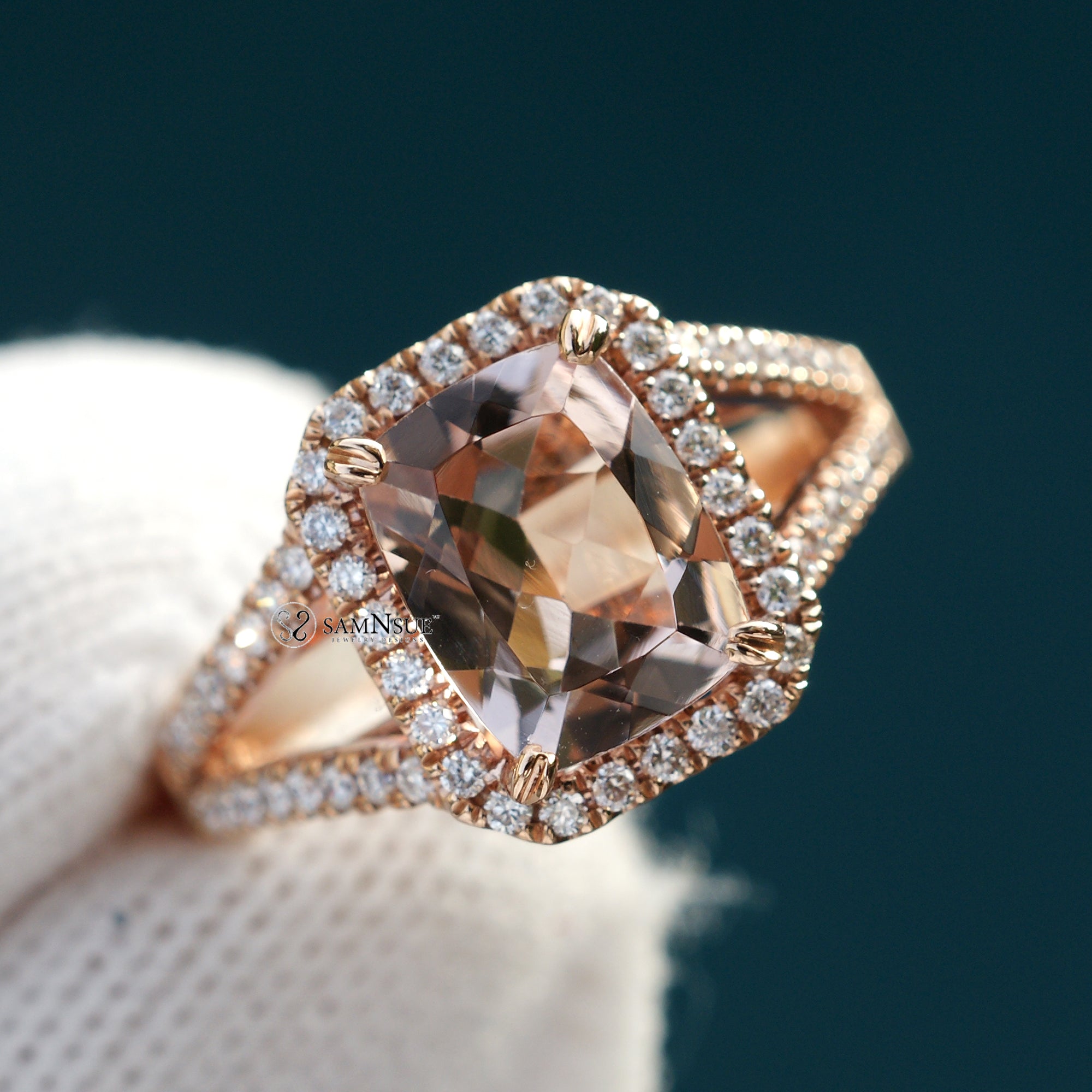 Peachy pink cushion cut morganite diamond halo split band ring rose gold