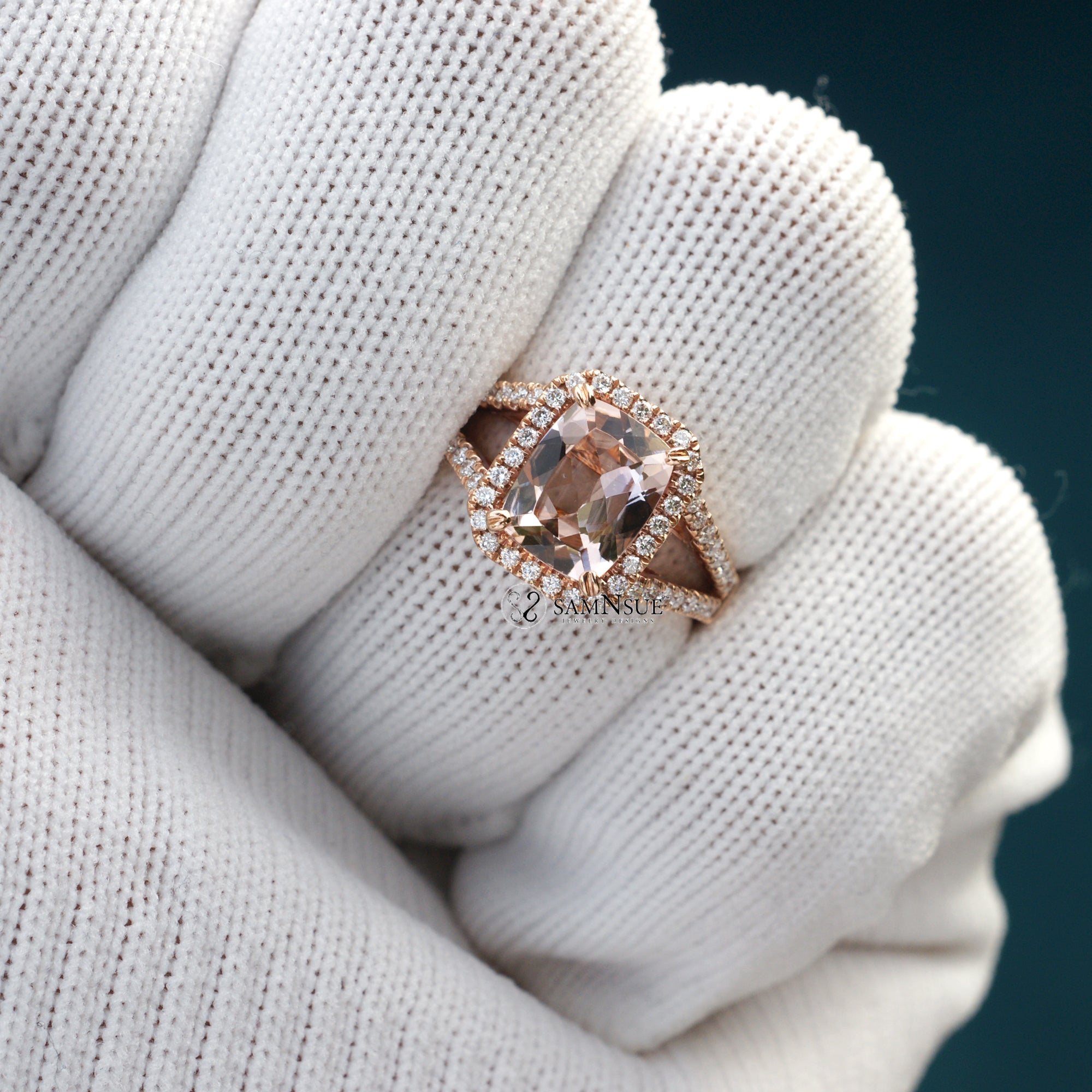 Peachy pink cushion cut morganite diamond halo split band ring rose gold