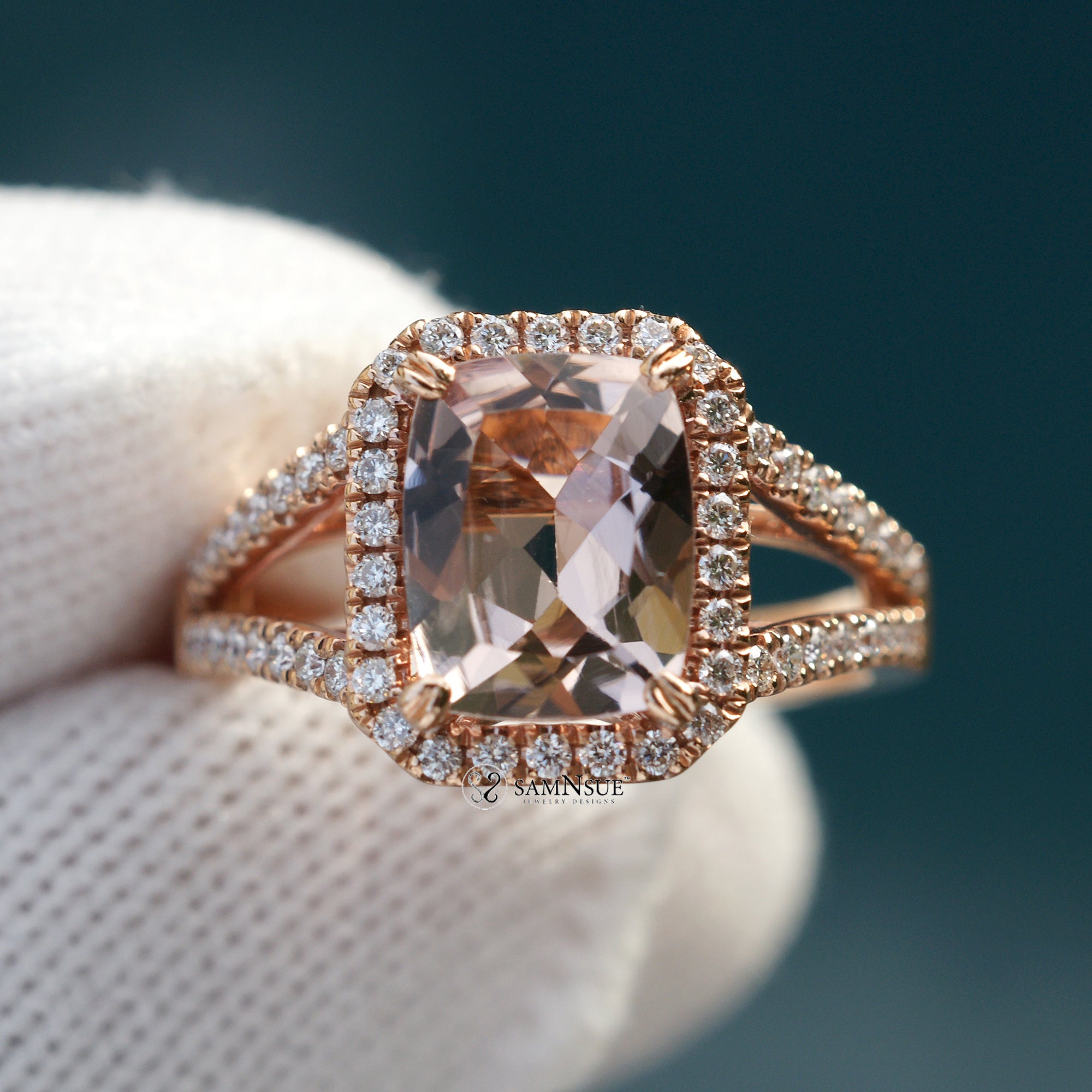 Peachy pink cushion cut morganite diamond halo split band ring rose gold