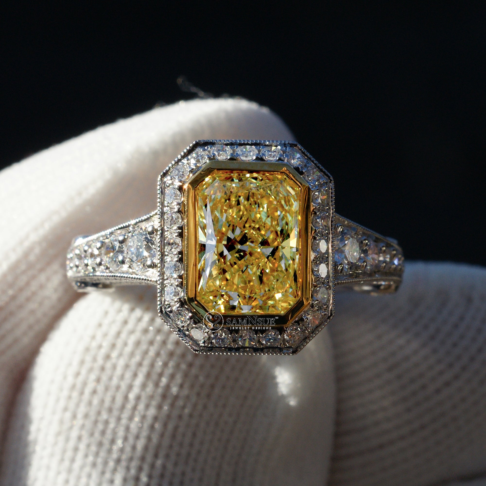 Radiant cut fancy vivid yellow diamond engagement ring lab-grown bezel set