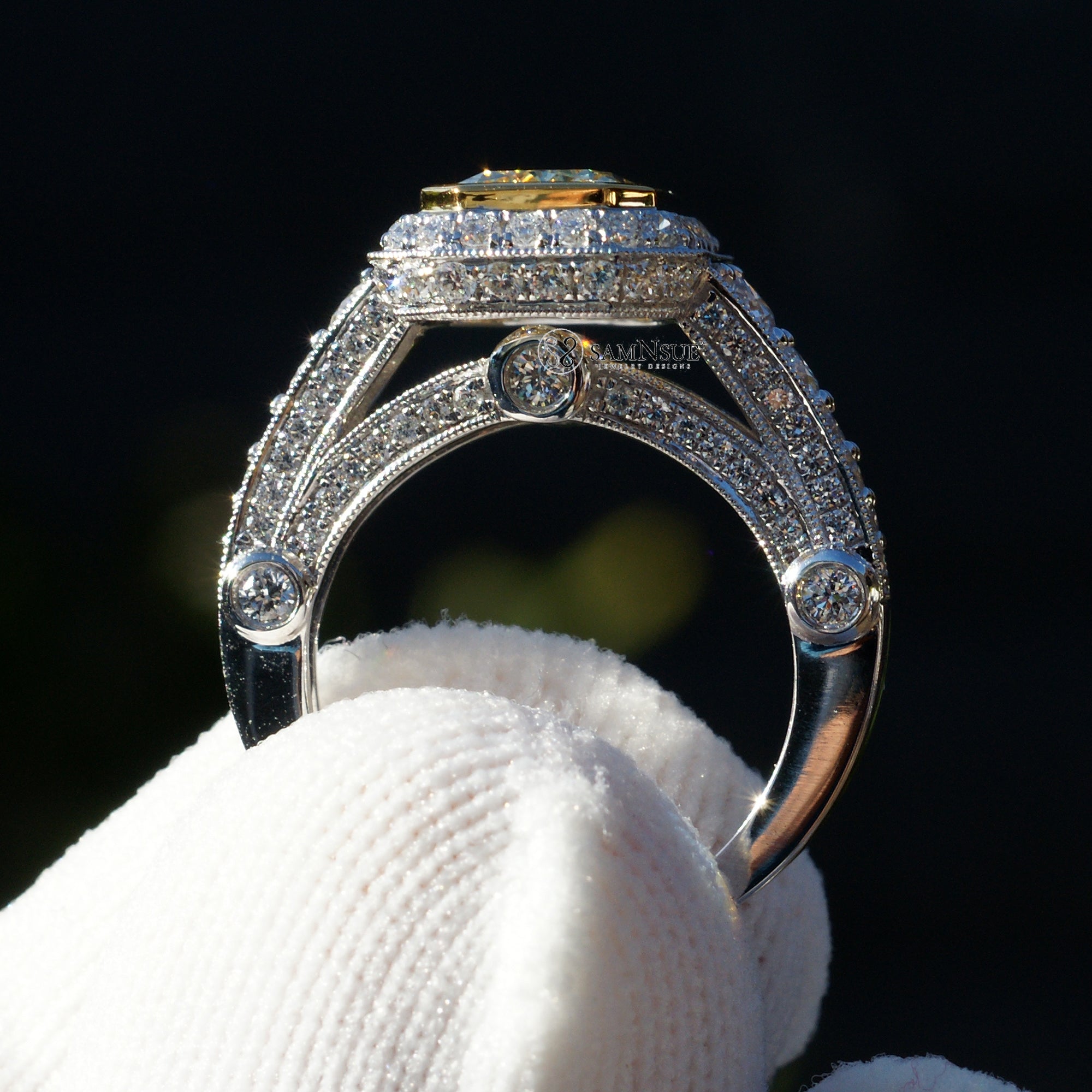 Radiant cut fancy vivid yellow diamond engagement ring lab-grown bezel set