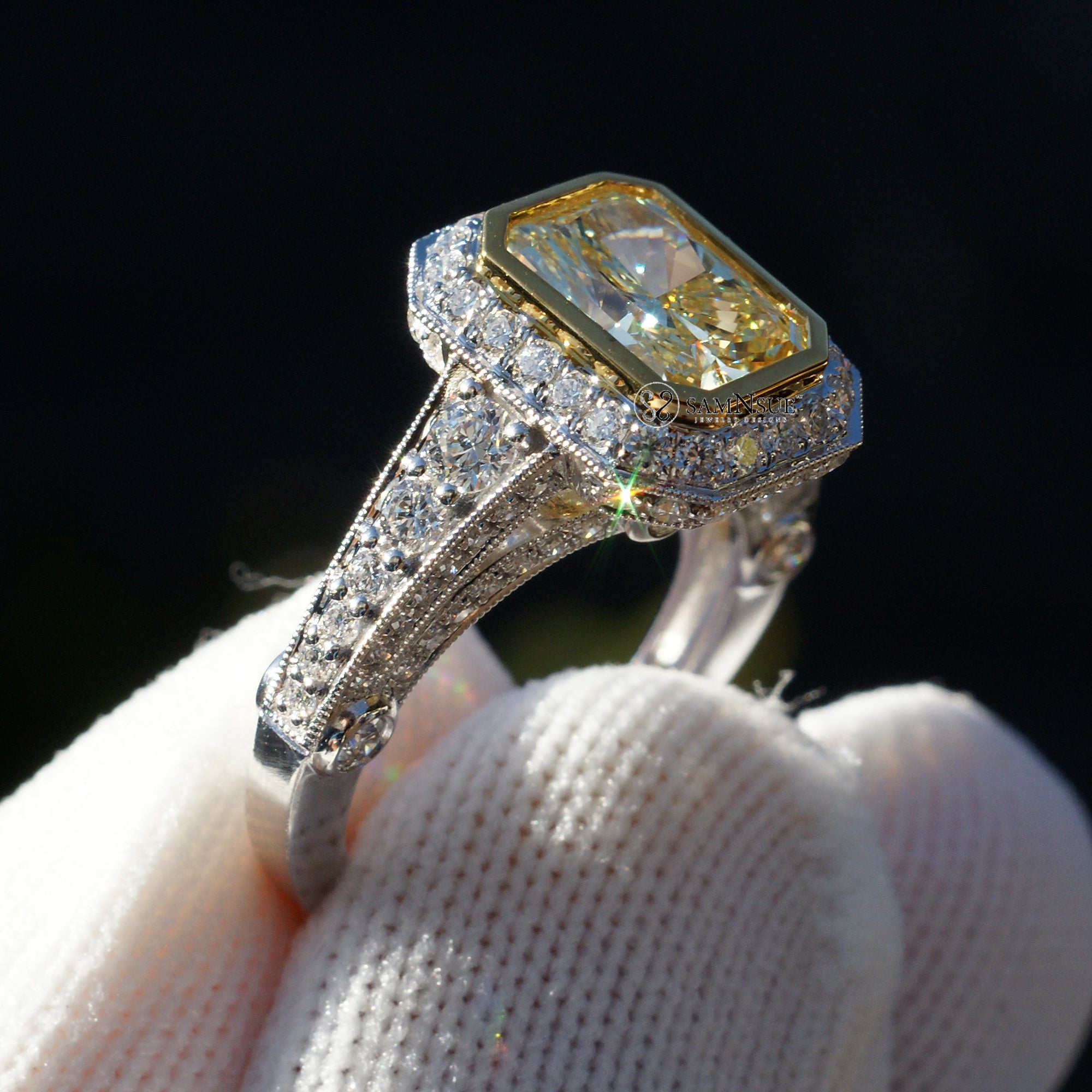 Radiant cut fancy vivid yellow diamond engagement ring lab-grown bezel set