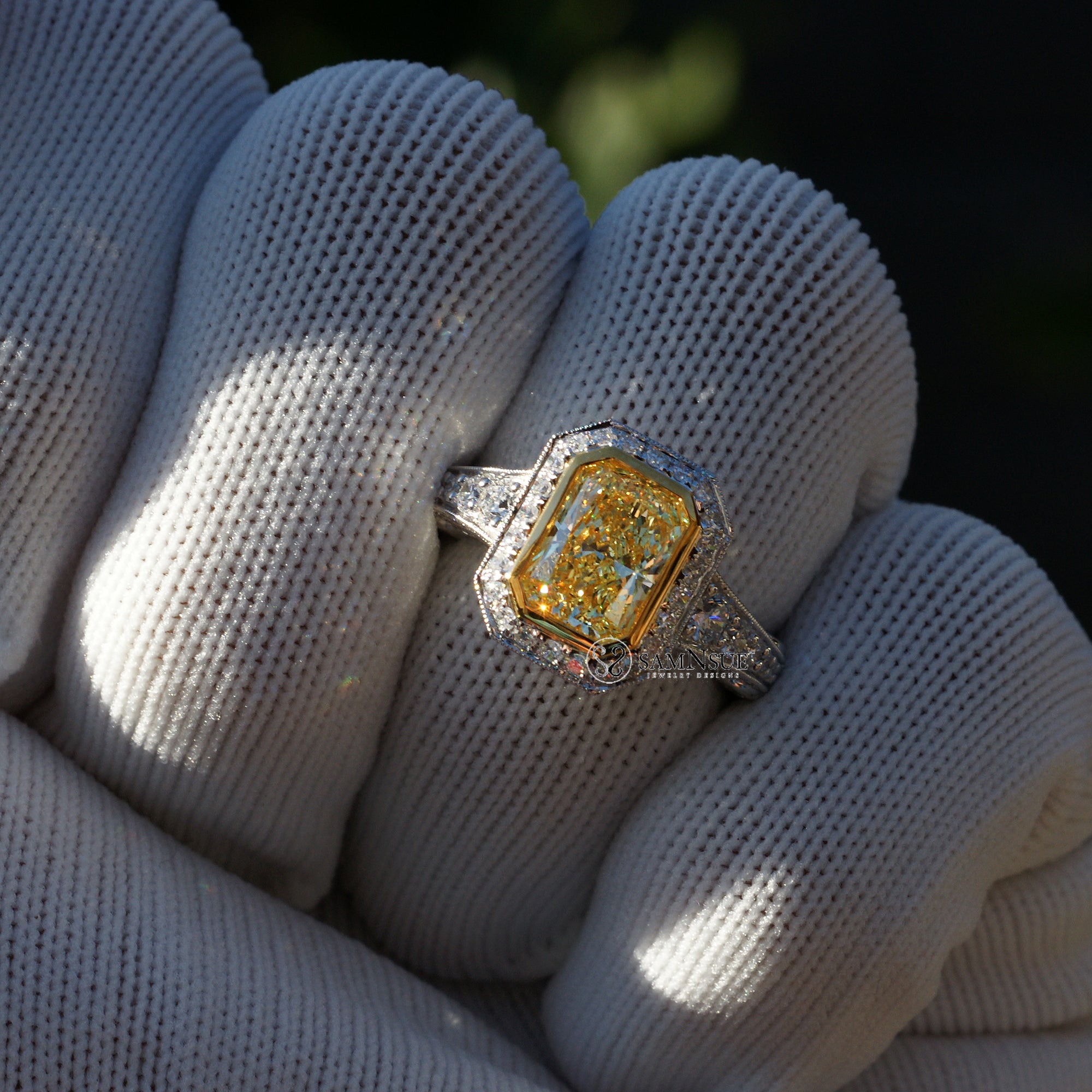 Radiant cut fancy vivid yellow diamond engagement ring lab-grown bezel set