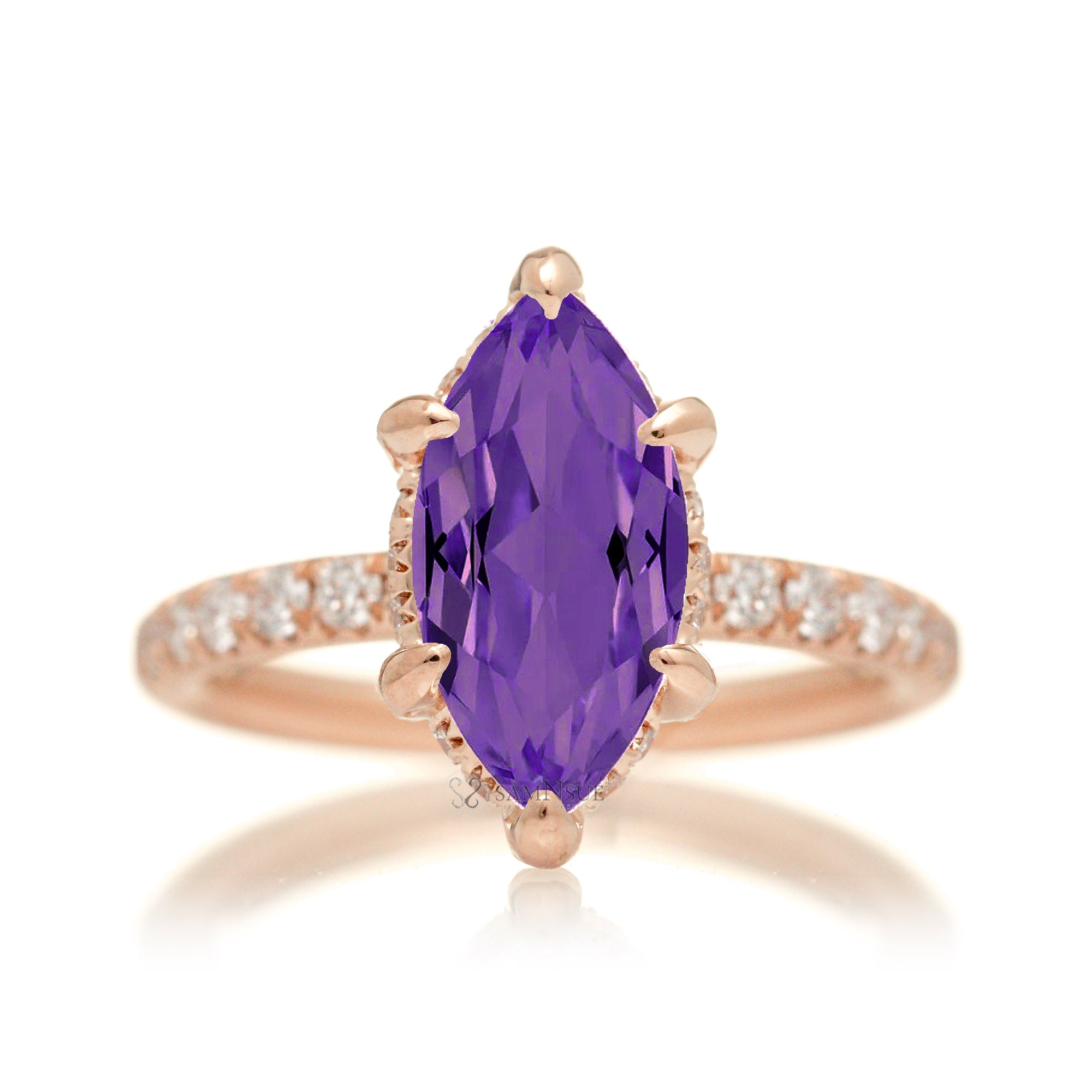 Marquise cut amethyst diamond engagement ring with rounded diamond band hidden halo rose gold