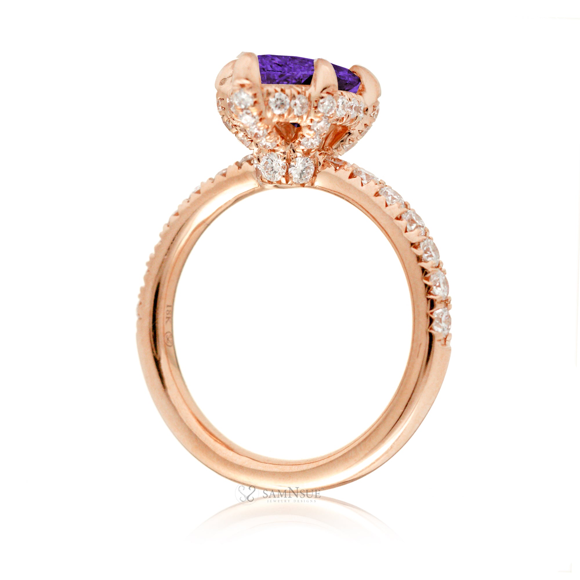 Marquise cut amethyst diamond engagement ring with rounded diamond band hidden halo rose gold