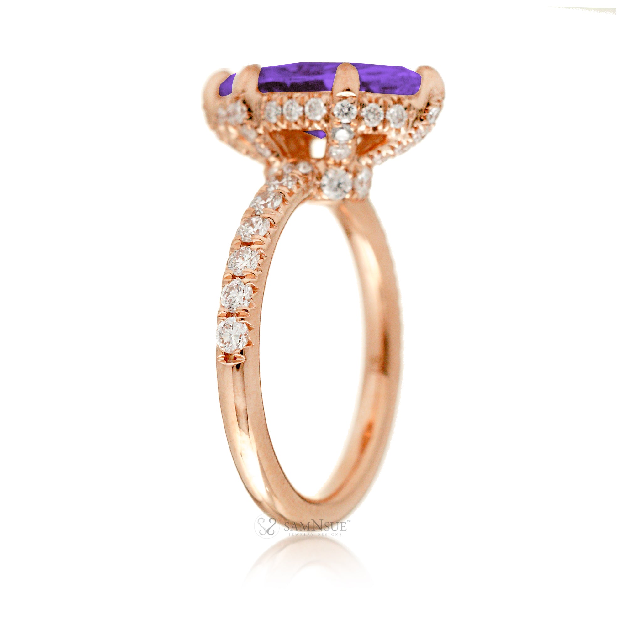 Marquise cut amethyst diamond engagement ring with rounded diamond band hidden halo rose gold