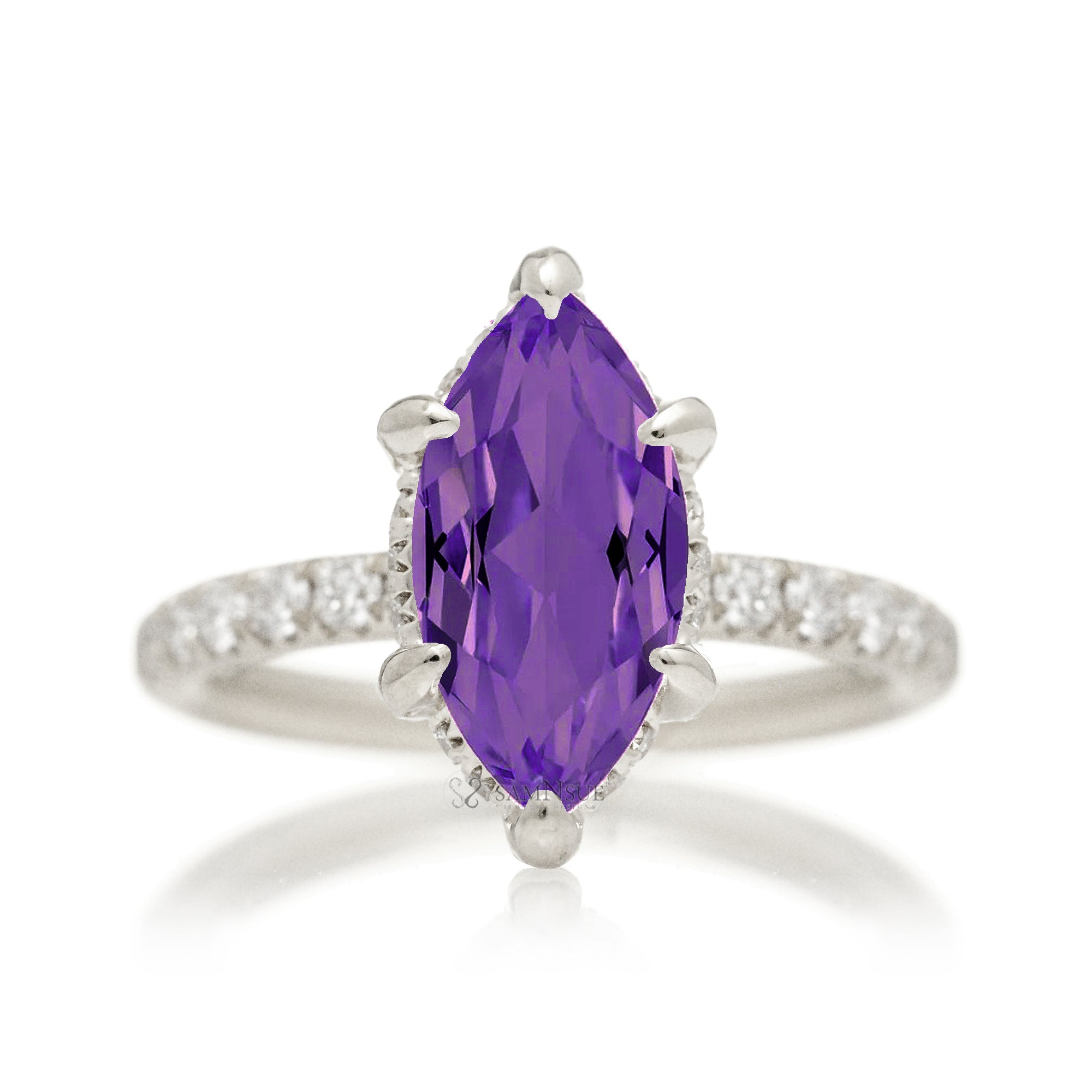 Marquise cut amethyst diamond engagement ring with rounded diamond band hidden halo white gold