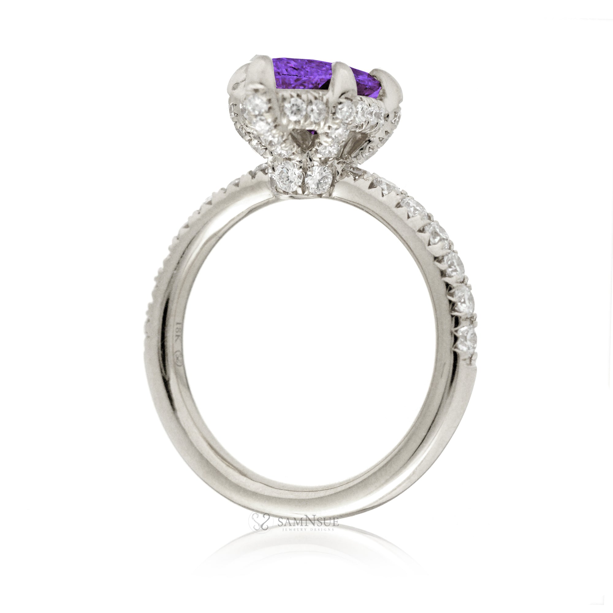 Marquise cut amethyst diamond engagement ring with rounded diamond band hidden halo white gold