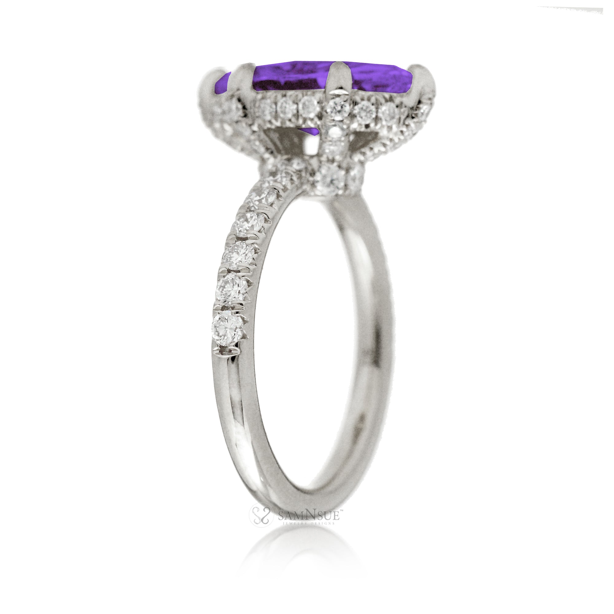 Marquise cut amethyst diamond engagement ring with rounded diamond band hidden halo white gold