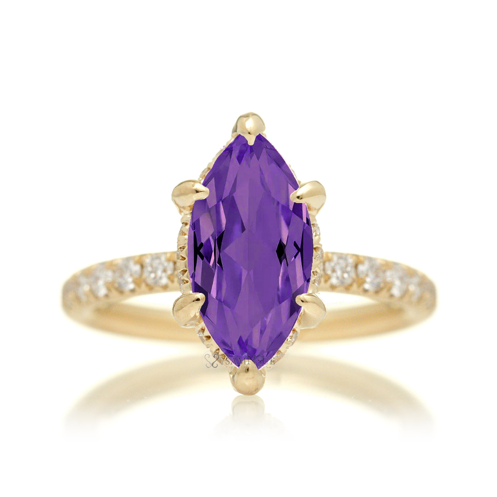 Marquise cut amethyst diamond engagement ring with rounded diamond band hidden halo yellow gold