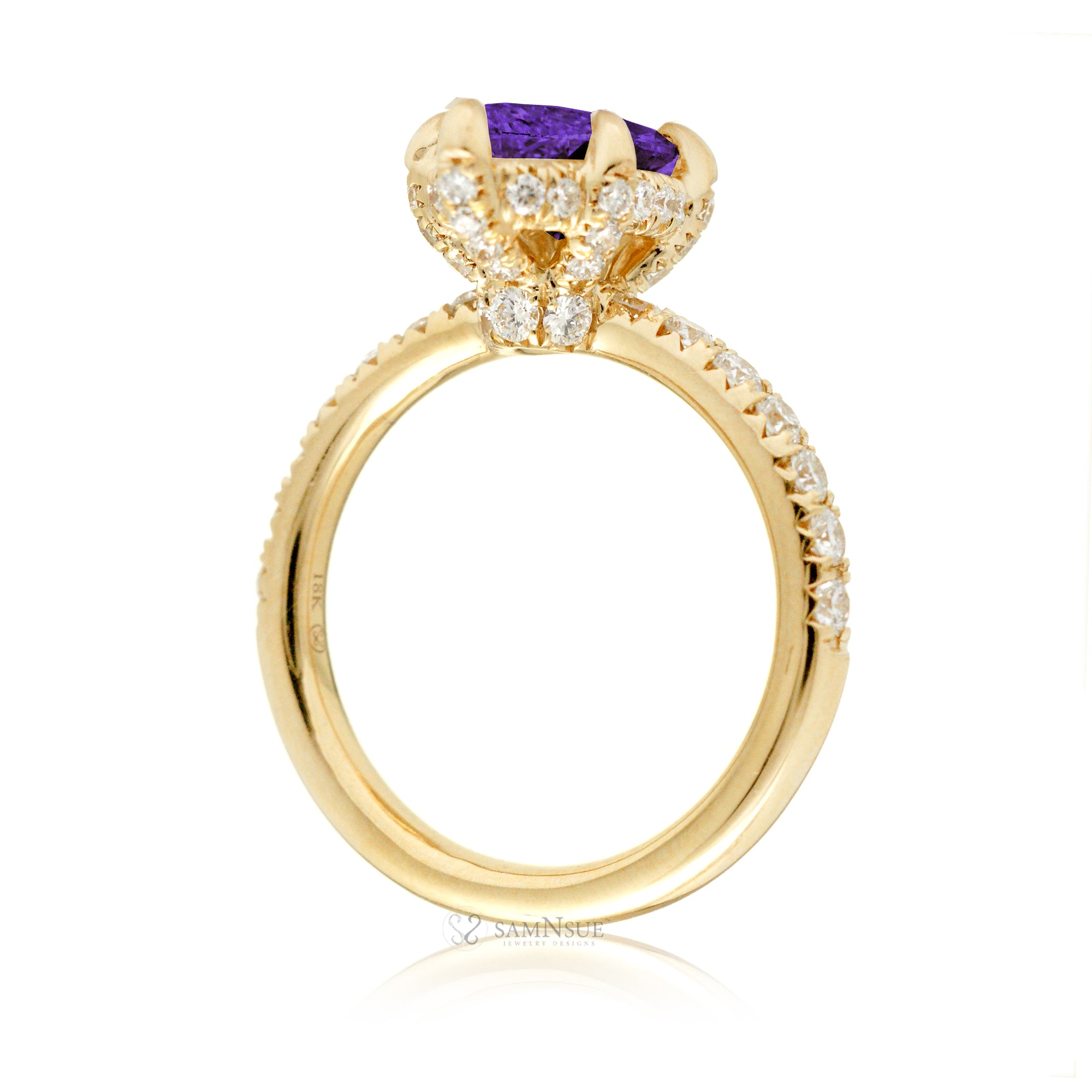 Marquise cut amethyst diamond engagement ring with rounded diamond band hidden halo yellow gold