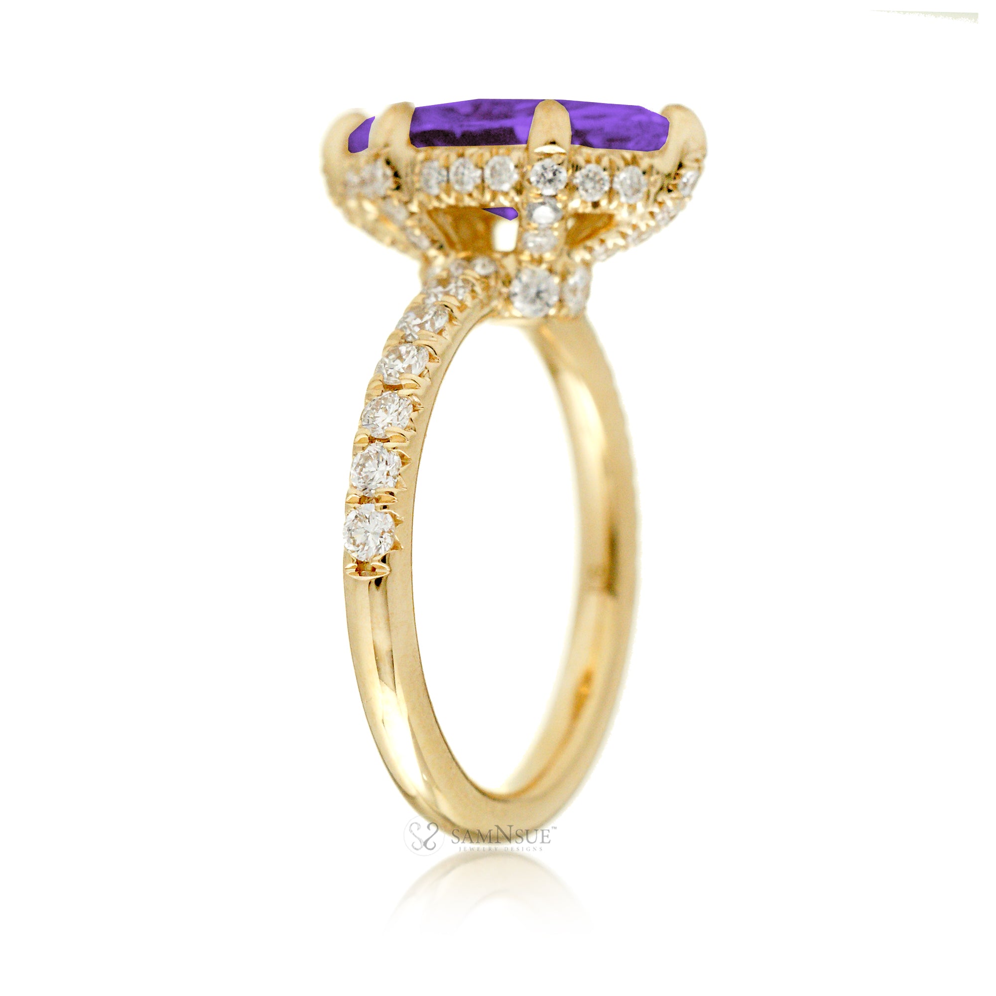 Marquise cut amethyst diamond engagement ring with rounded diamond band hidden halo yellow gold