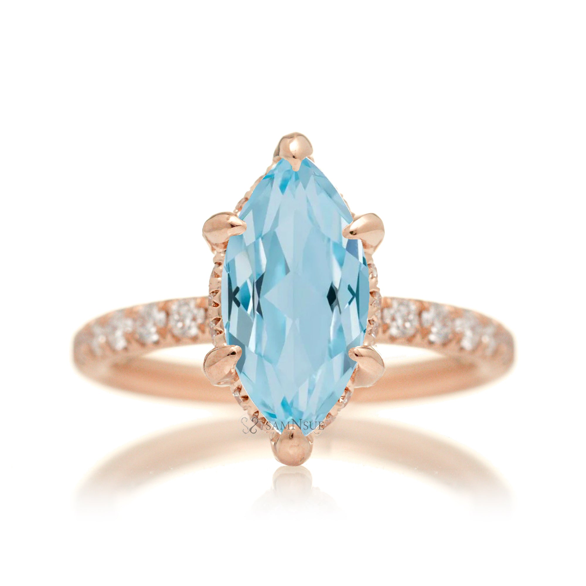 Marquise aquamarine ring with hidden halo and rounded diamond band comfort fit rose gold