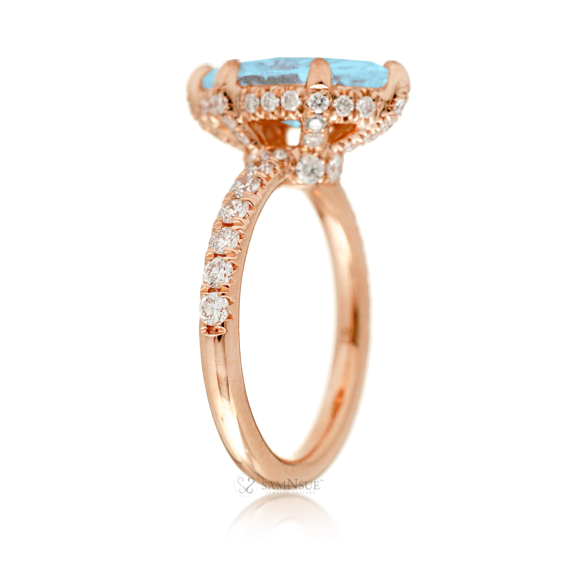 Marquise aquamarine ring with hidden halo and rounded diamond band comfort fit rose gold