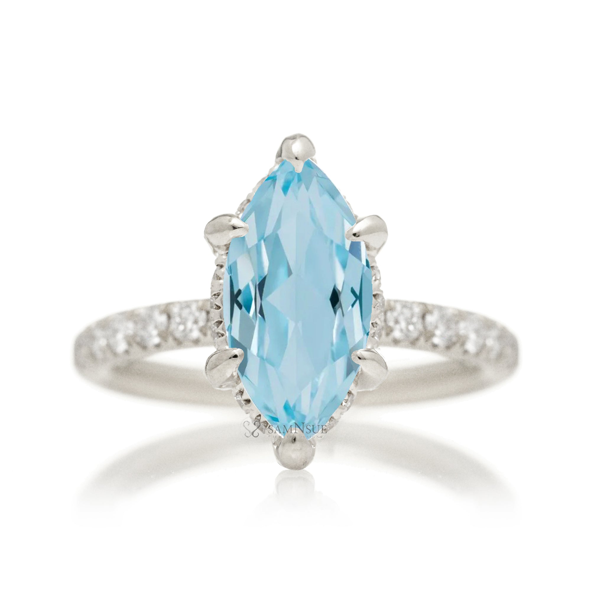 Marquise aquamarine ring with hidden halo and rounded diamond band comfort fit white gold