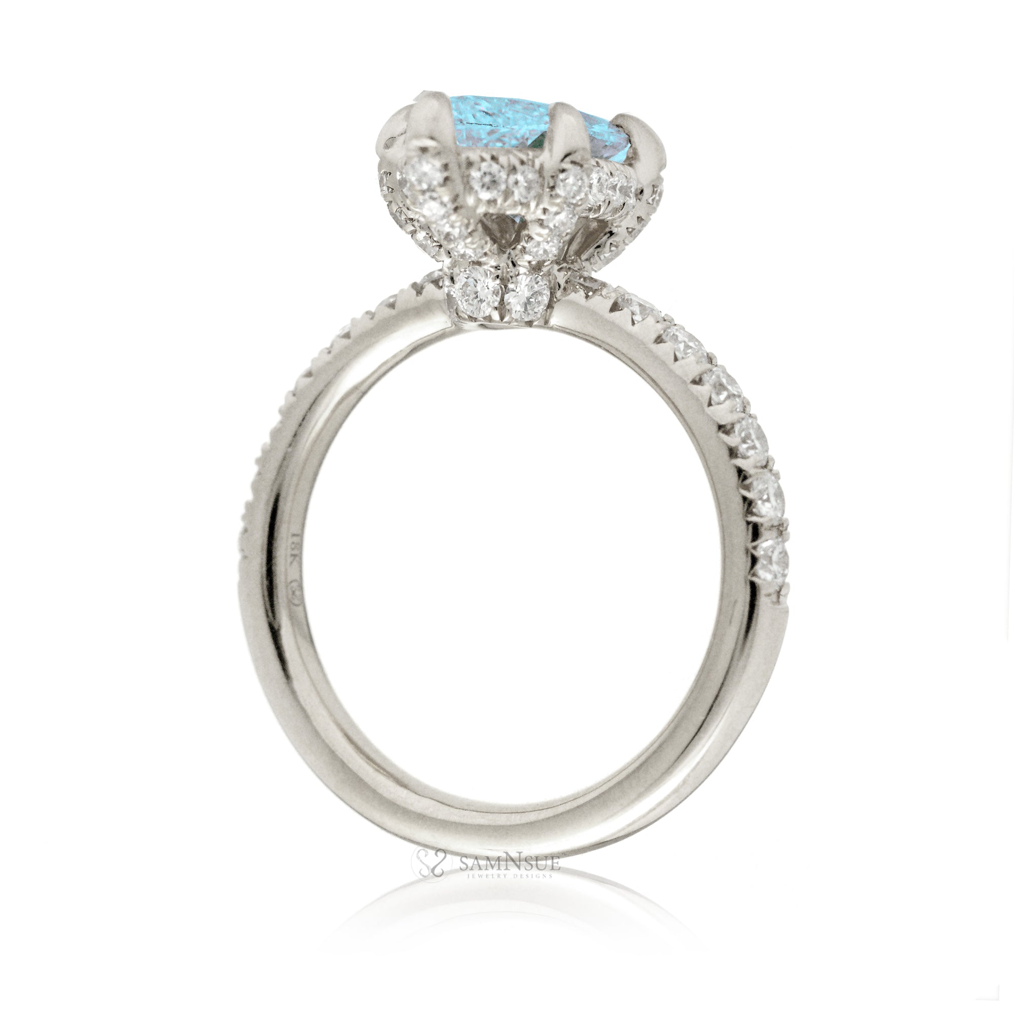 Marquise aquamarine ring with hidden halo and rounded diamond band comfort fit white gold