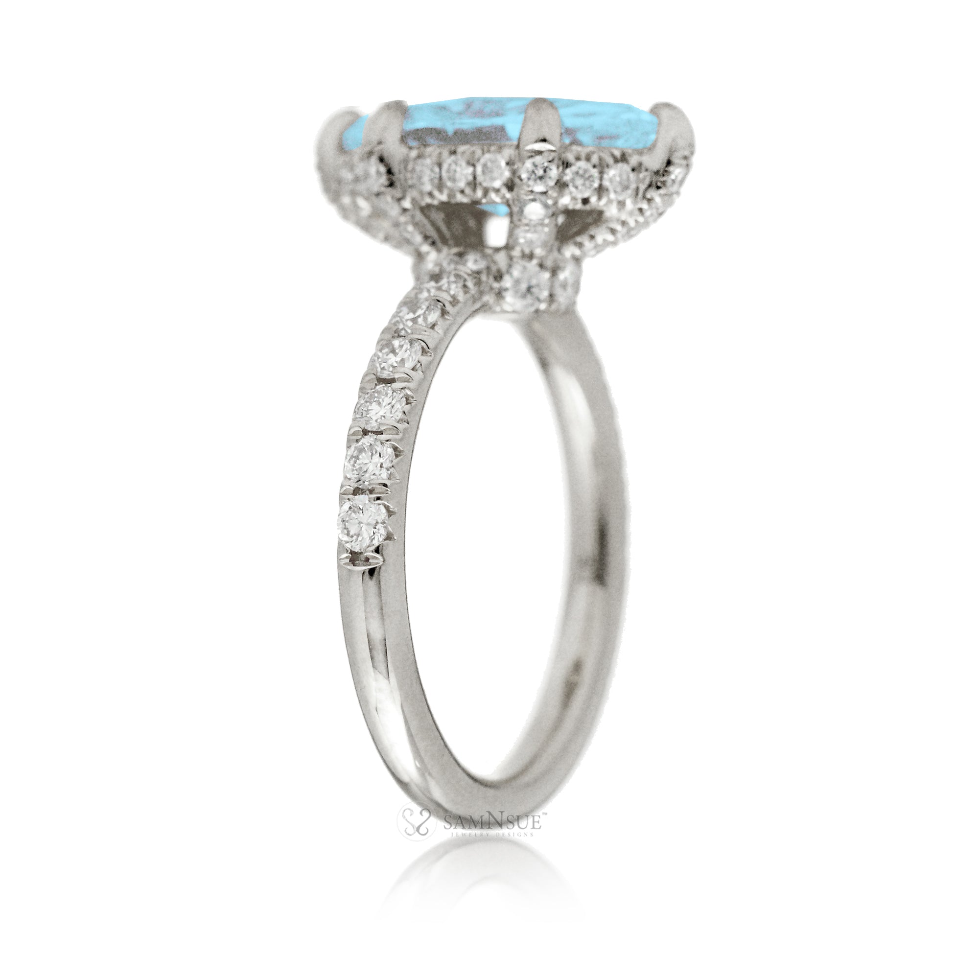 Marquise aquamarine ring with hidden halo and rounded diamond band comfort fit white gold