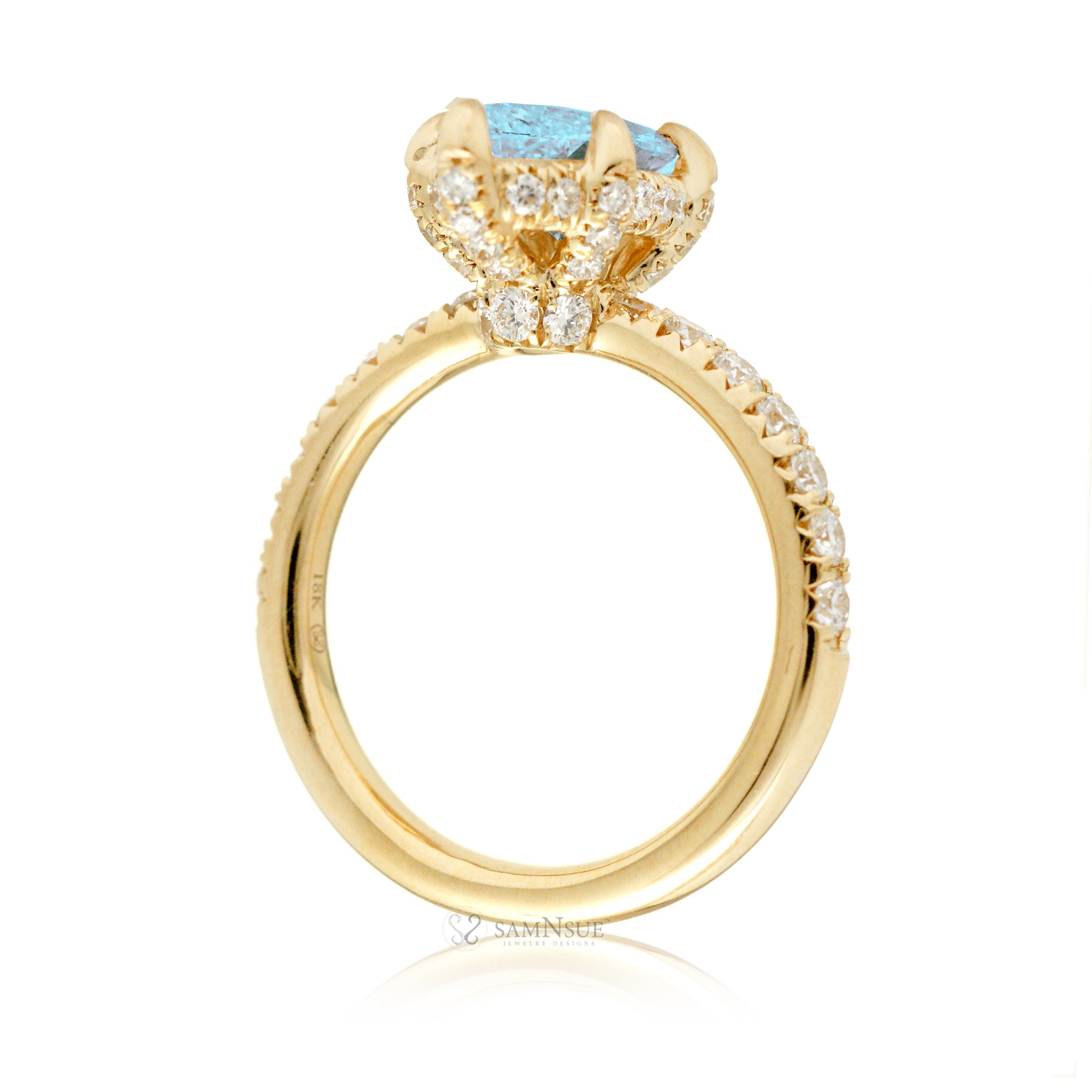 Marquise aquamarine ring with hidden halo and rounded diamond band comfort fit yellow gold