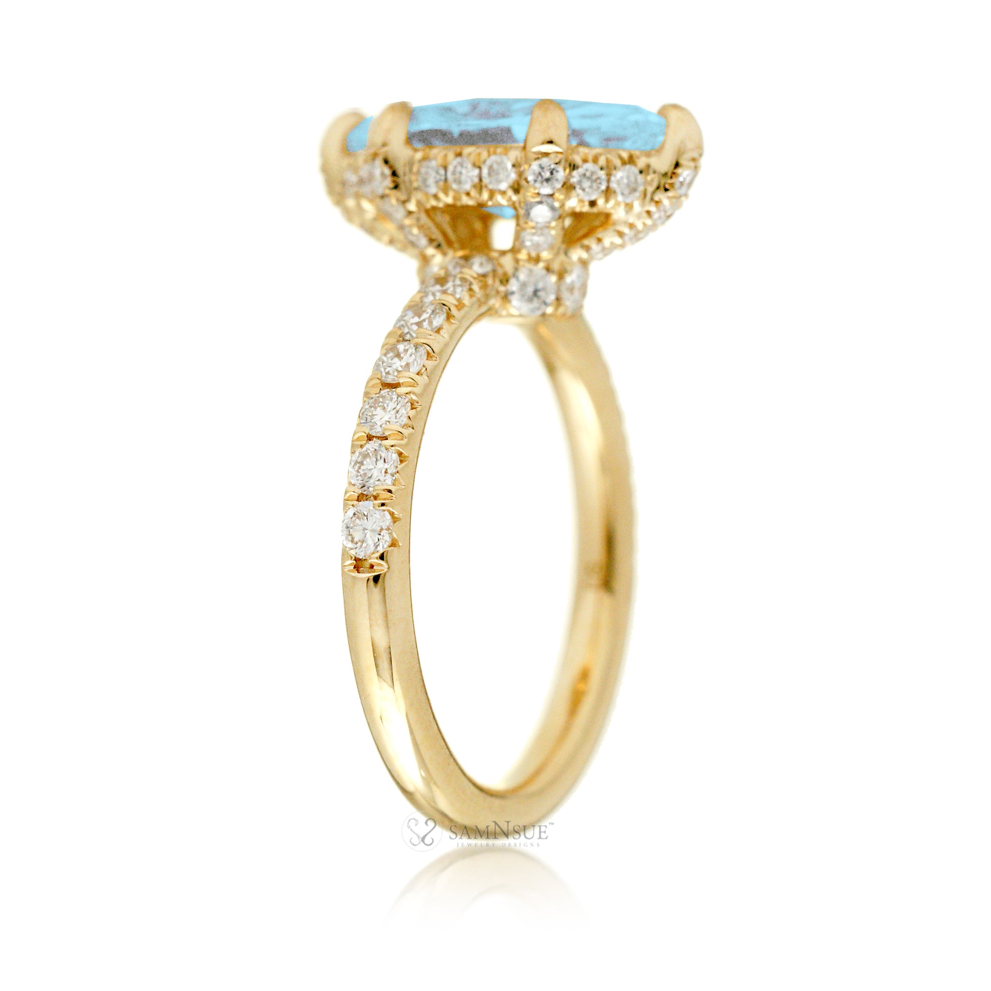 Marquise aquamarine ring with hidden halo and rounded diamond band comfort fit yellow gold