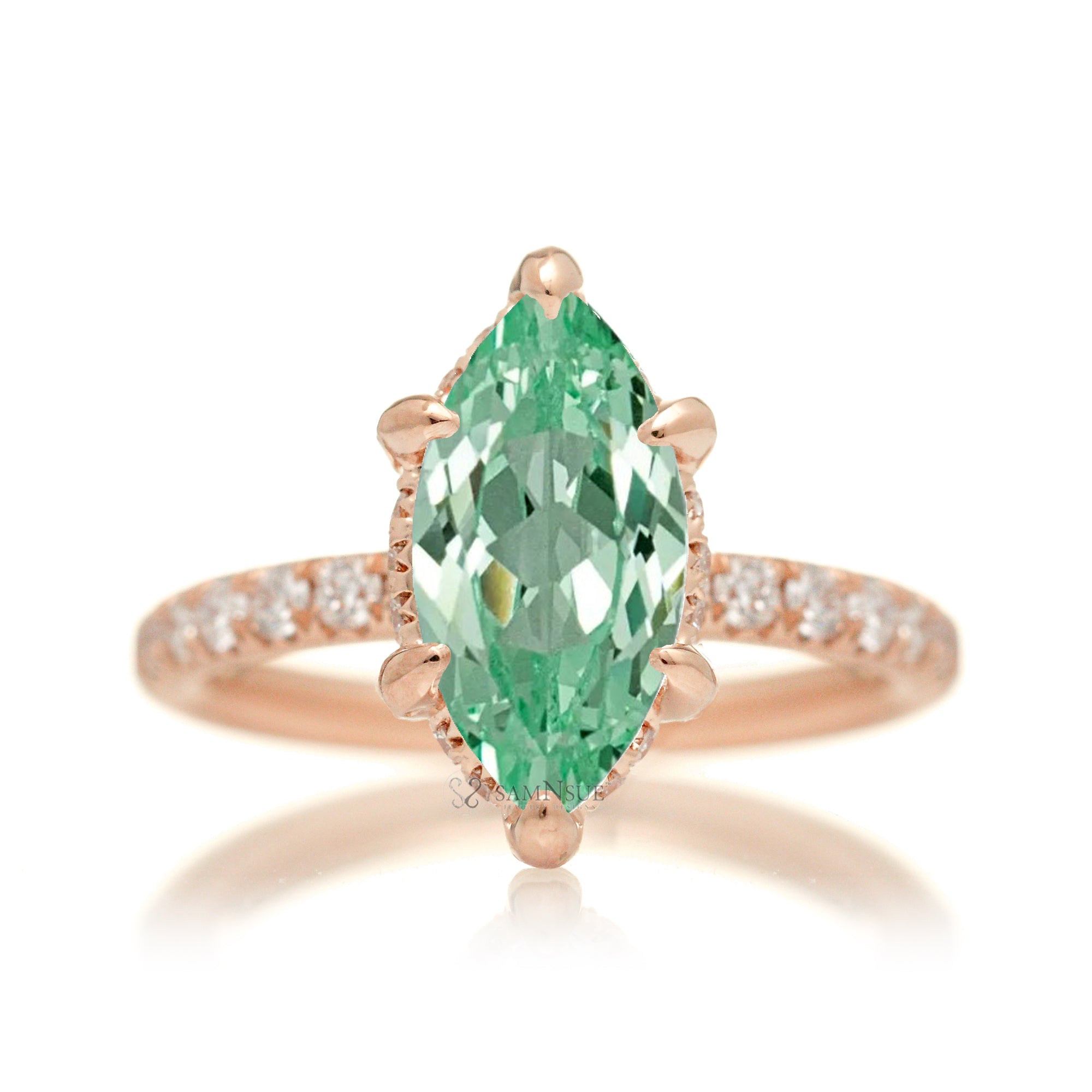 Mint Green sapphire engagement ring with marquise and hidden diamond halo band in rose gold