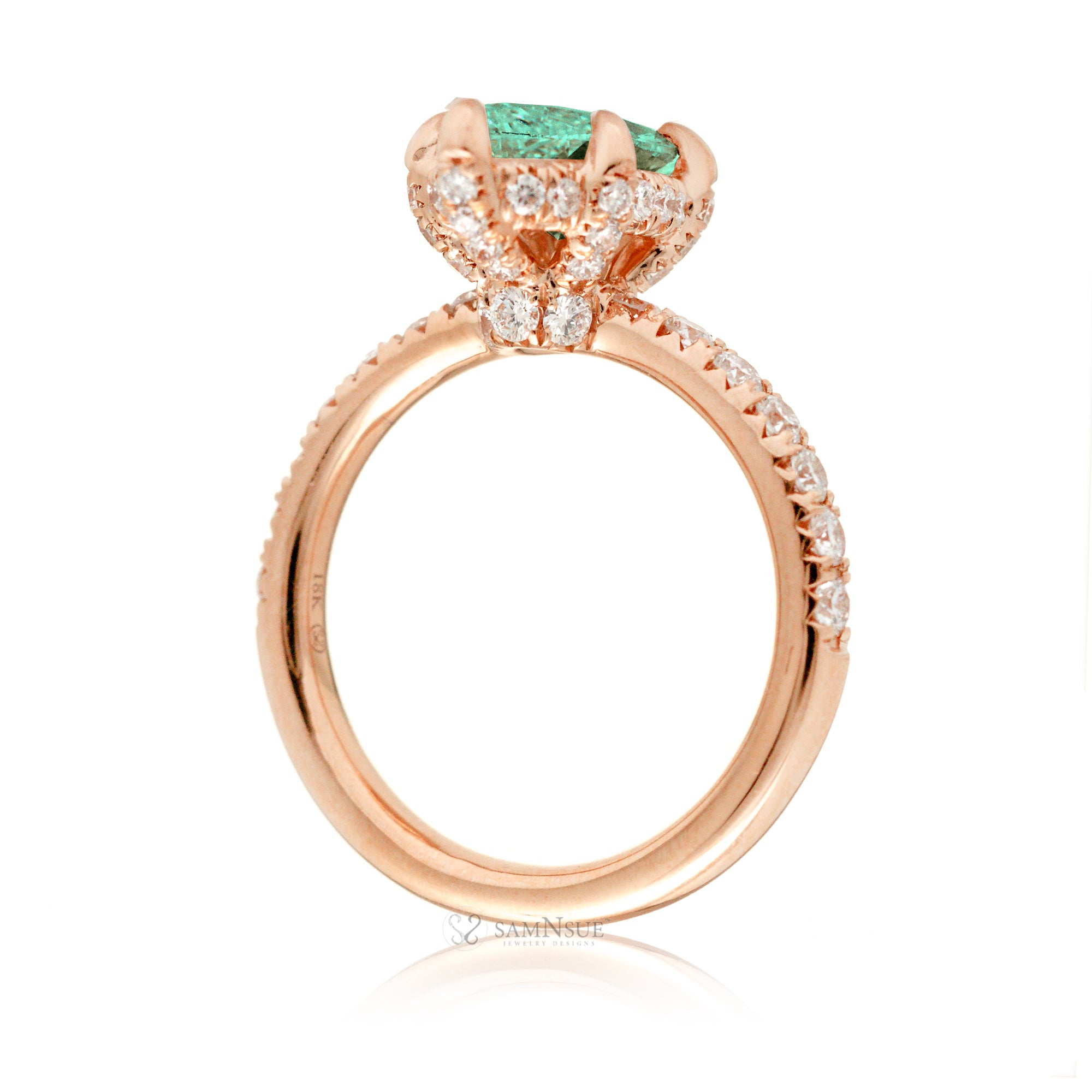 Mint Green sapphire engagement ring with marquise and hidden diamond halo band in rose gold