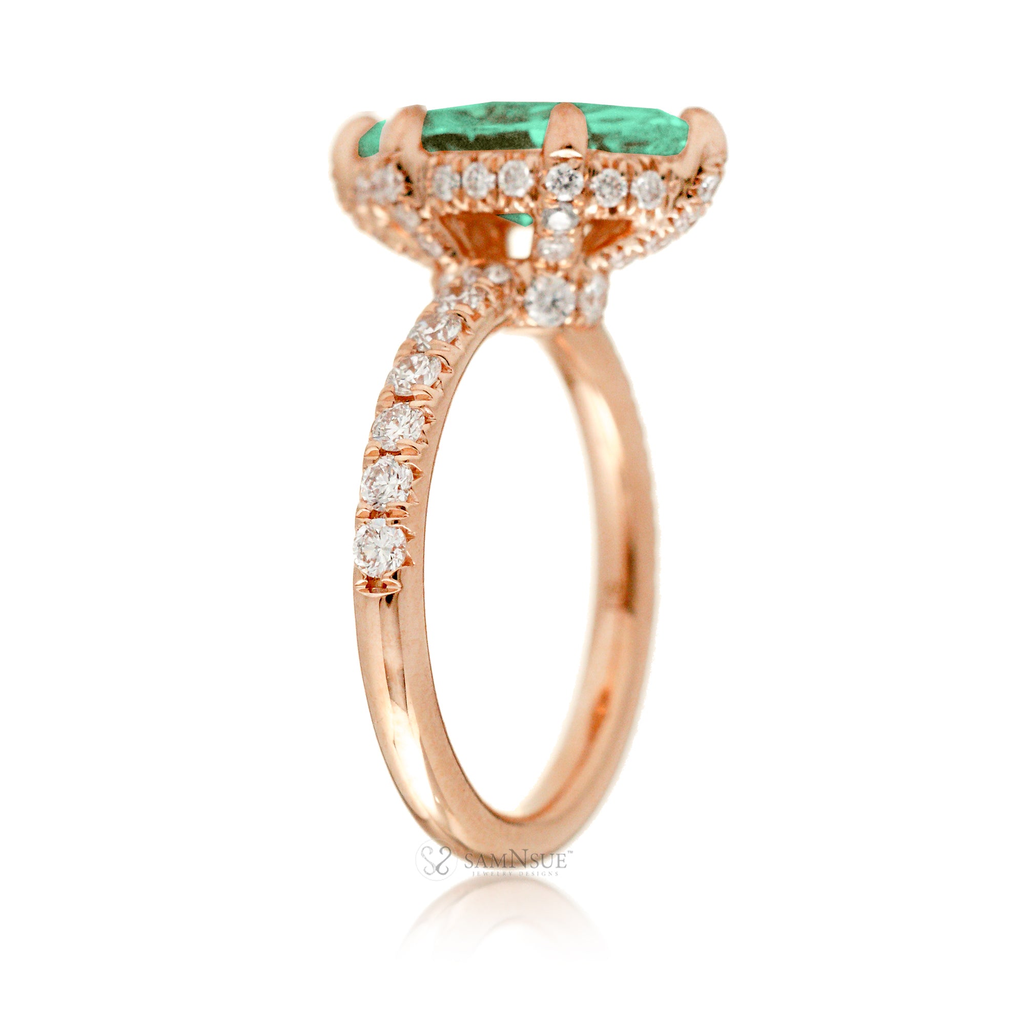 Mint Green sapphire engagement ring with marquise and hidden diamond halo band in rose gold