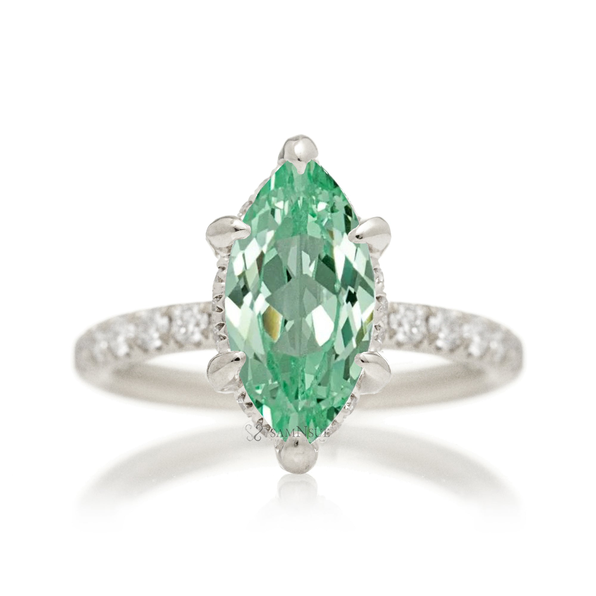 Mint Green sapphire engagement ring with marquise and hidden diamond halo band in white gold