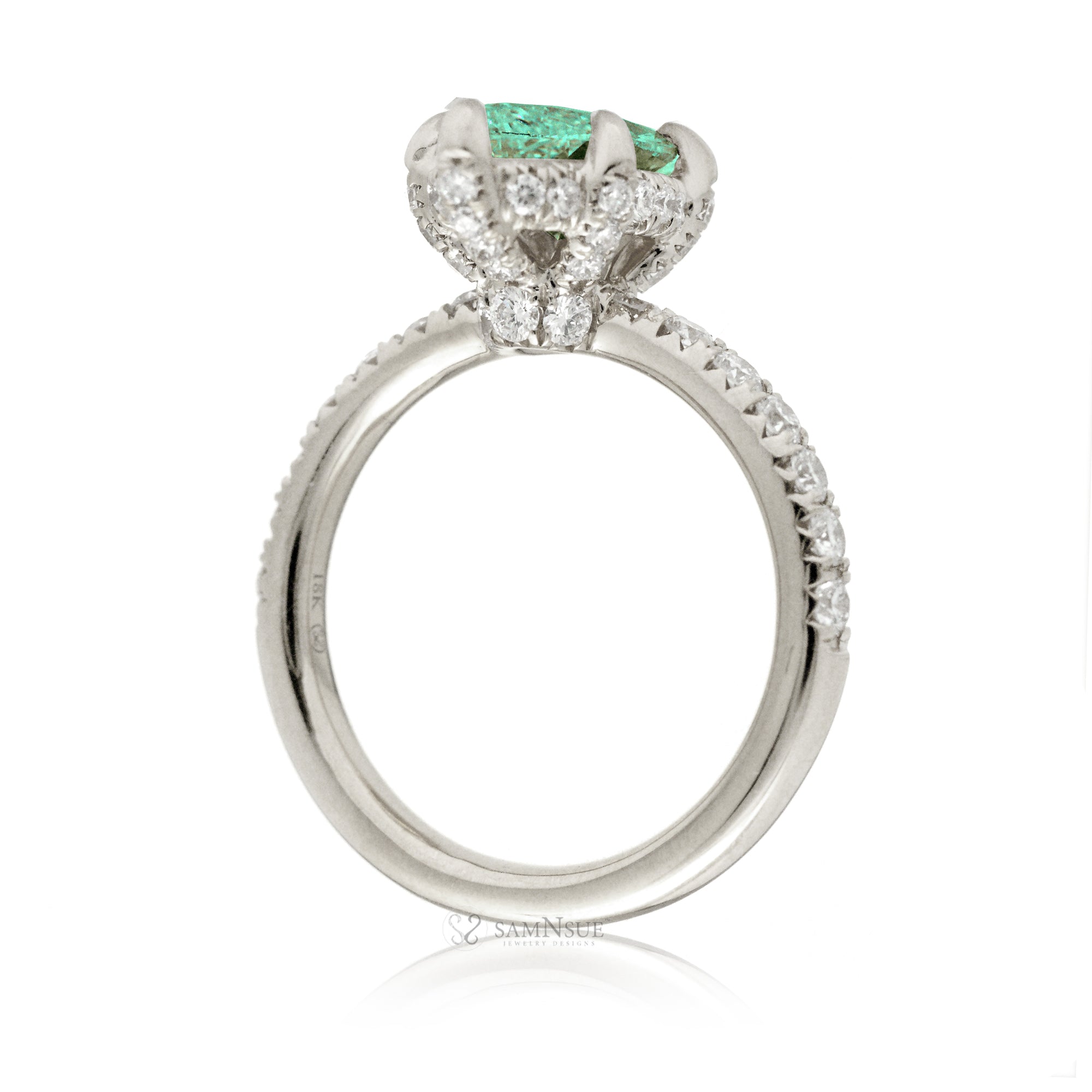 Mint Green sapphire engagement ring with marquise and hidden diamond halo band in white gold