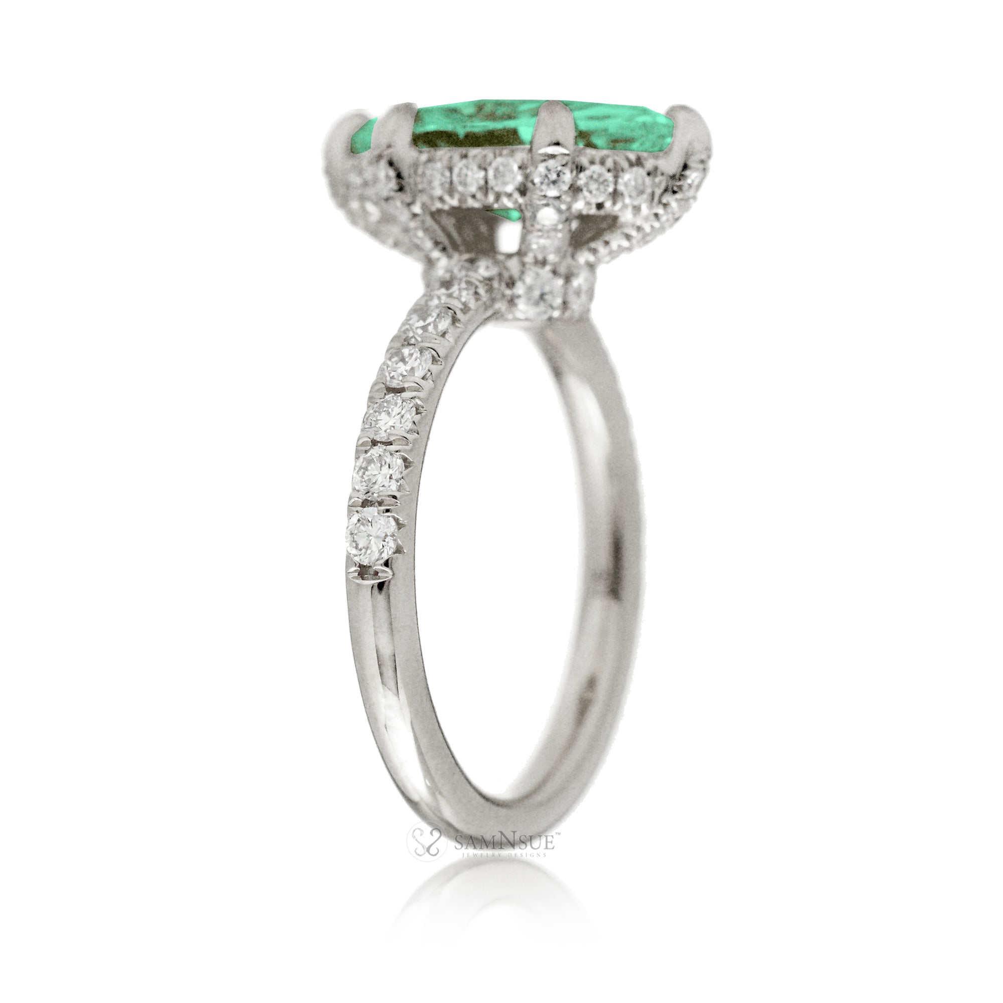 Mint Green sapphire engagement ring with marquise and hidden diamond halo band in white gold