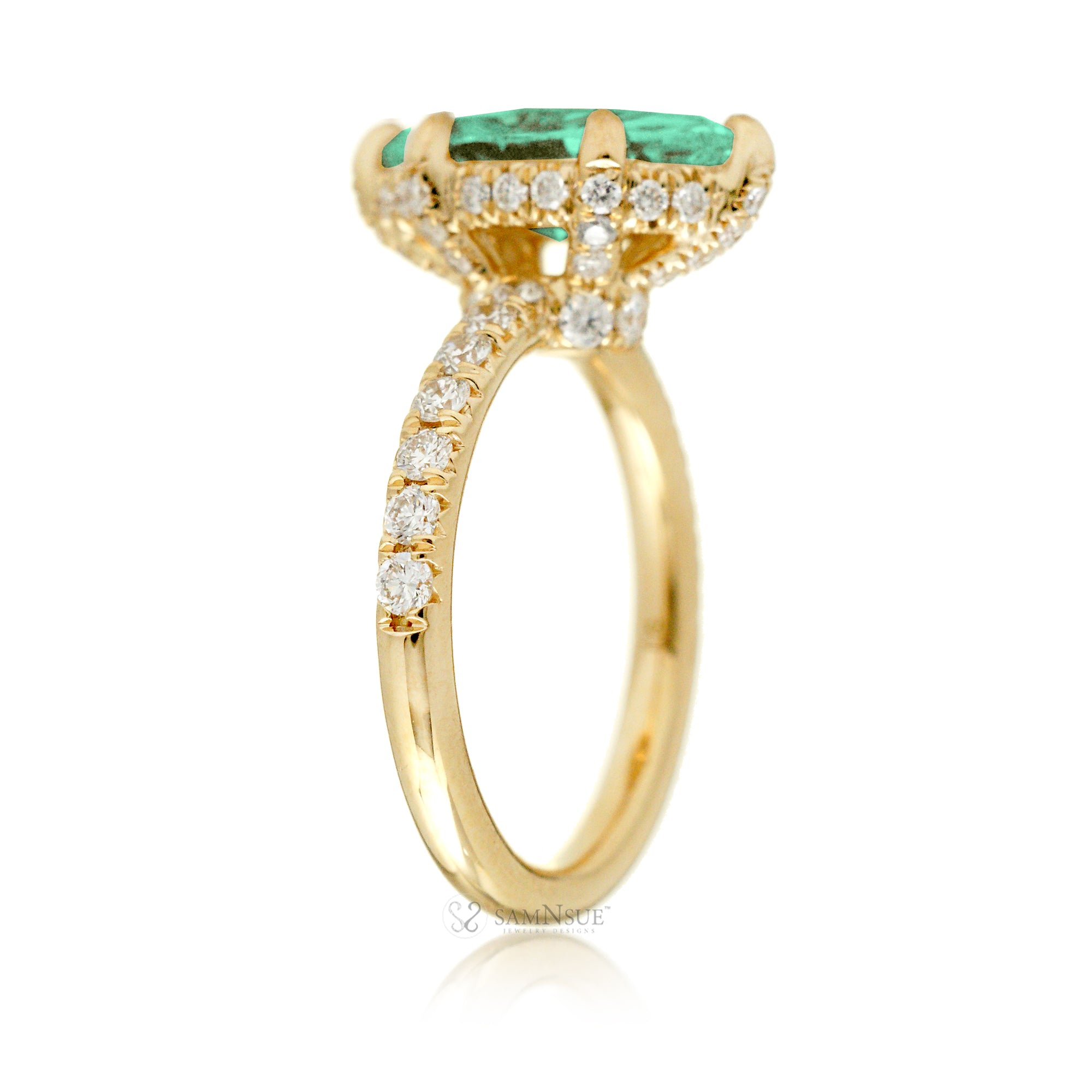 Mint Green sapphire engagement ring with marquise and hidden diamond halo band in yellow gold