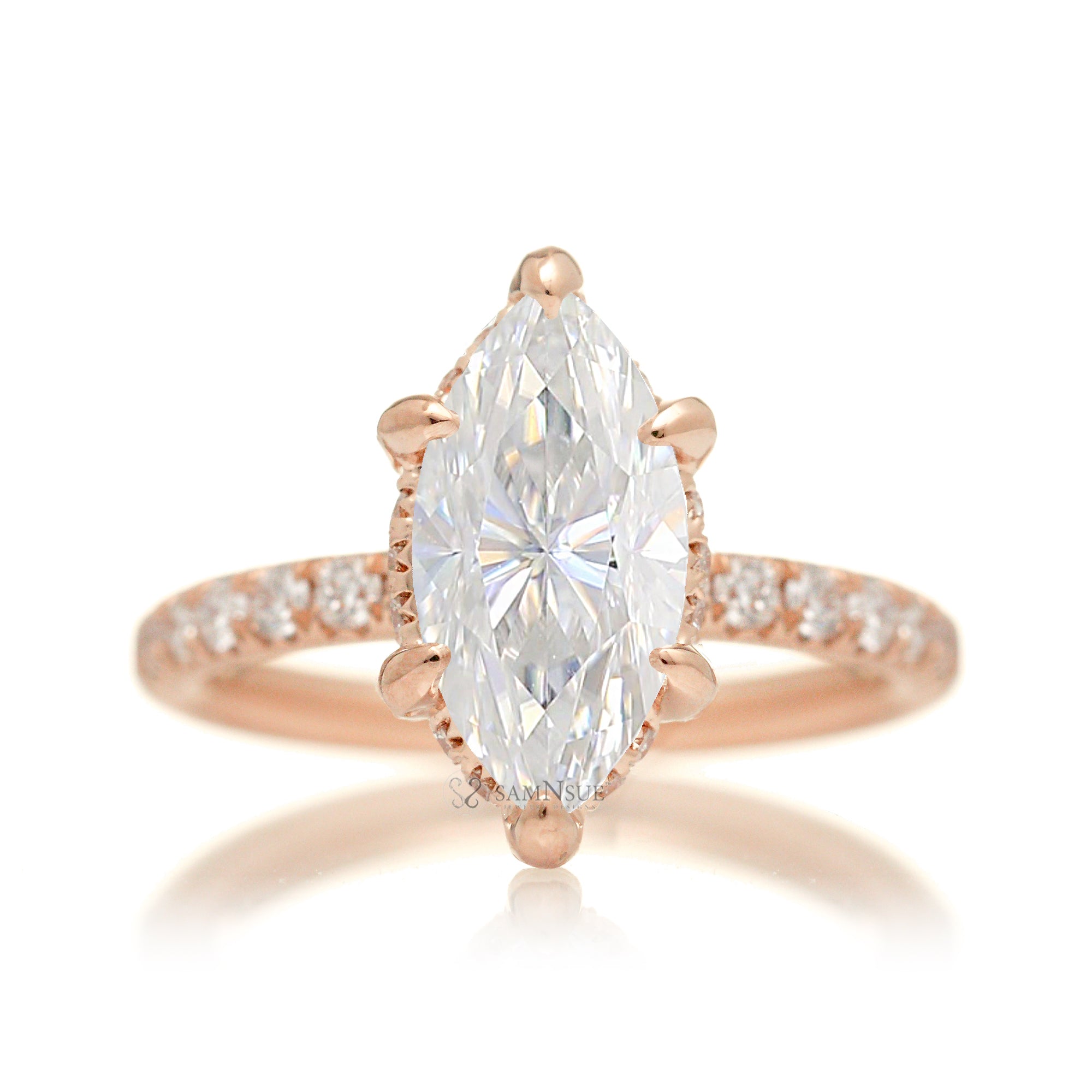 Marquise moissanite ring with diamond hidden halo rounded band in rose gold