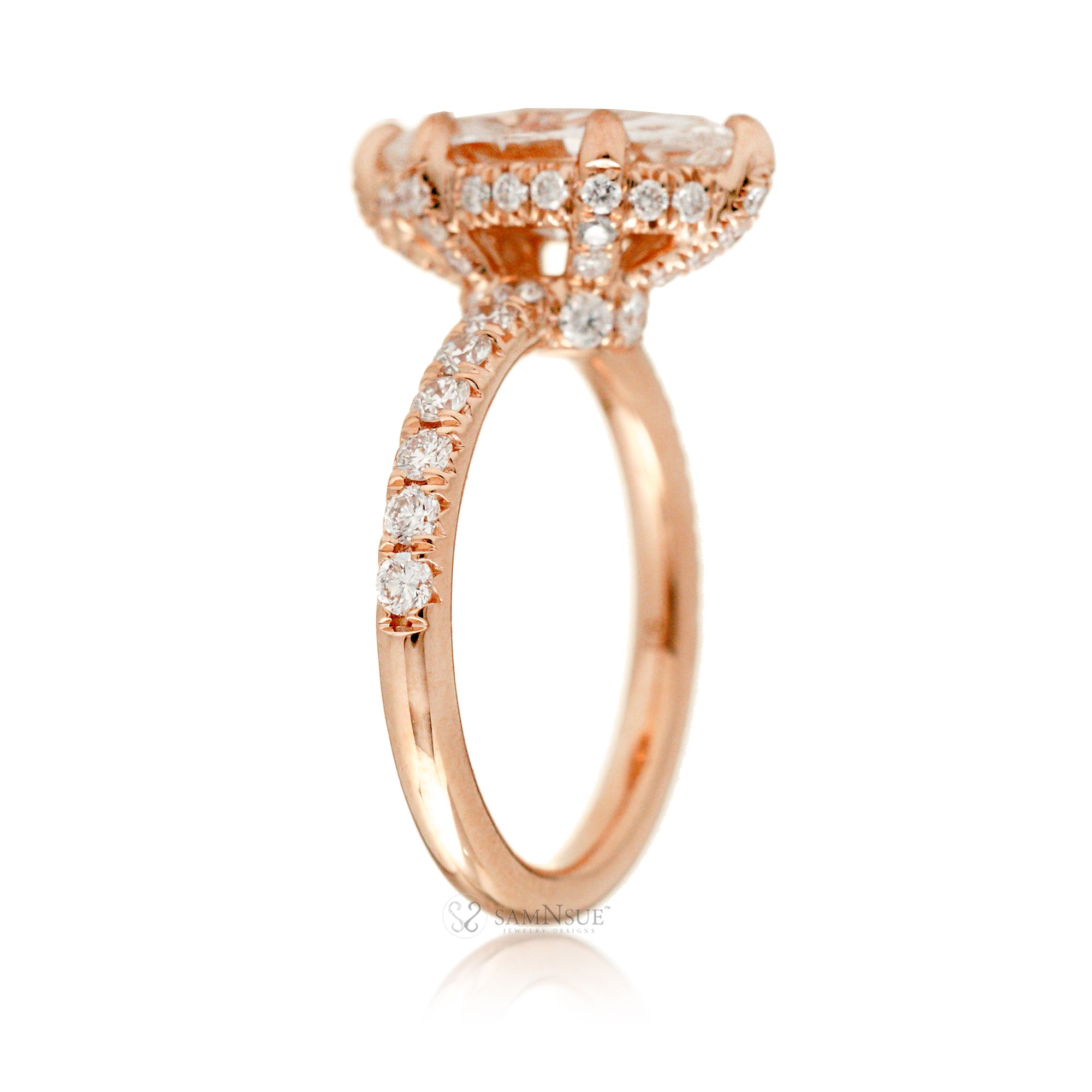 Marquise moissanite ring with diamond hidden halo rounded band in rose gold