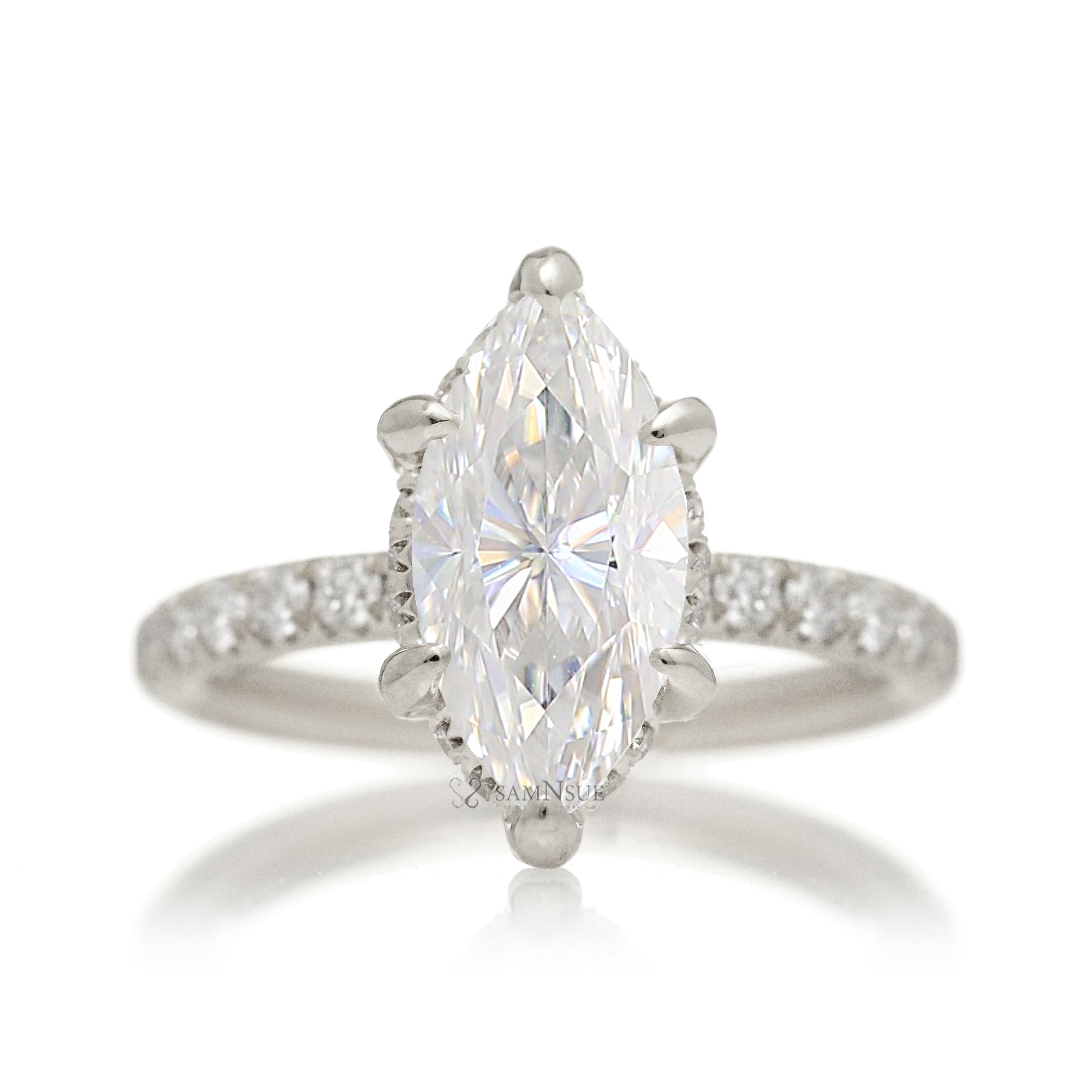 Marquise moissanite ring with diamond hidden halo rounded band in white gold