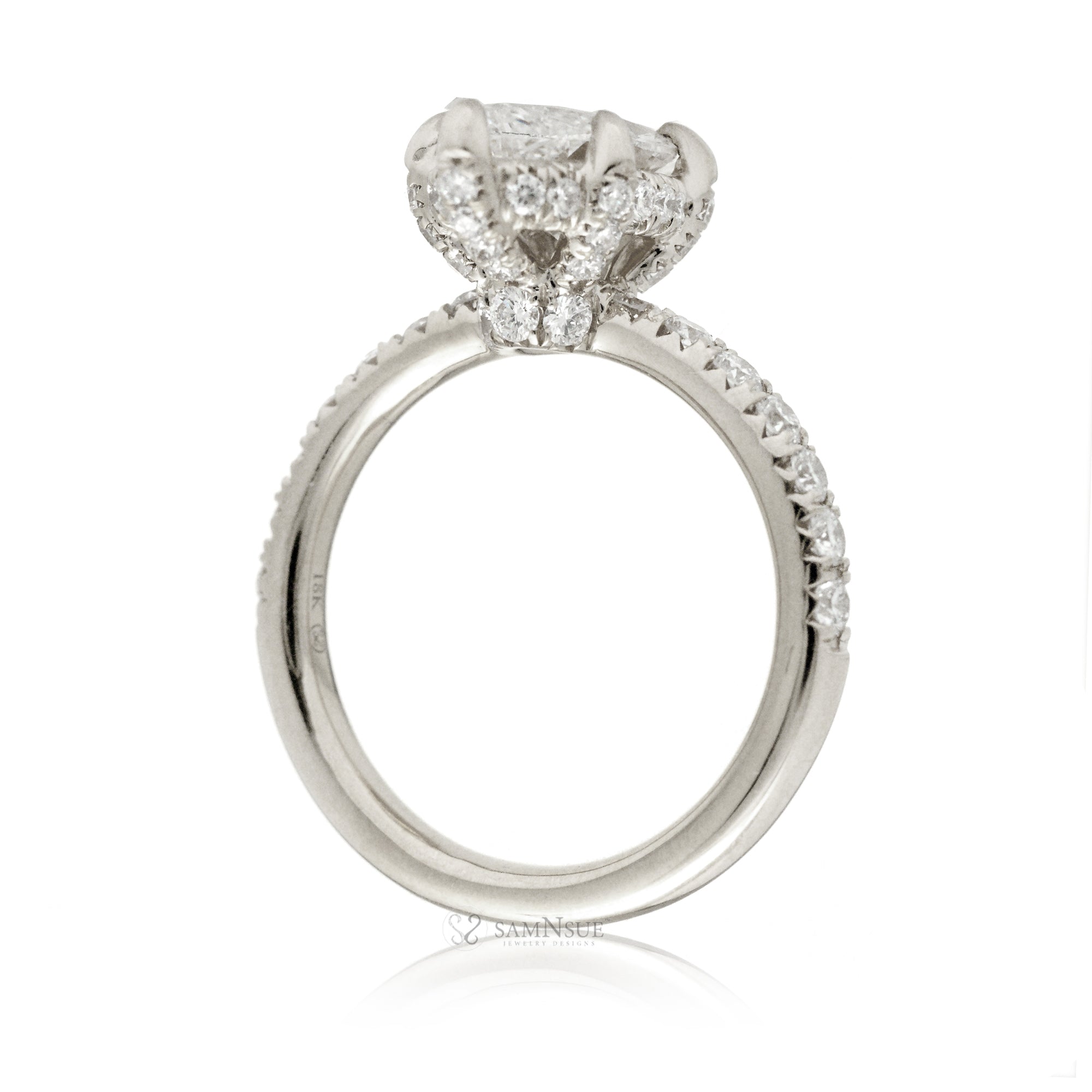 Marquise moissanite ring with diamond hidden halo rounded band in white gold