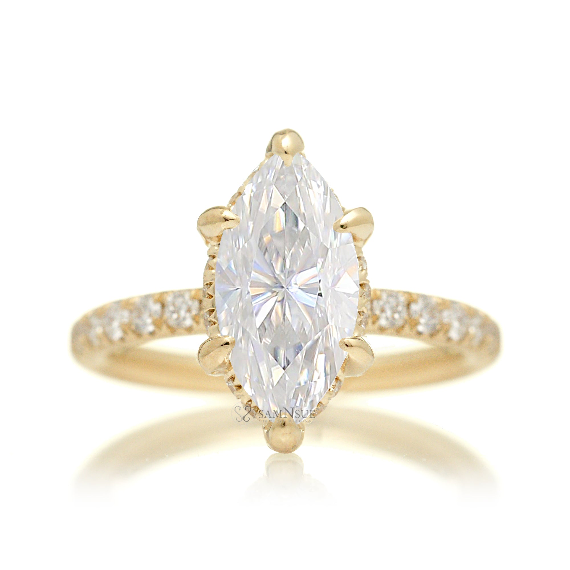 Marquise moissanite ring with diamond hidden halo rounded band in yellow gold