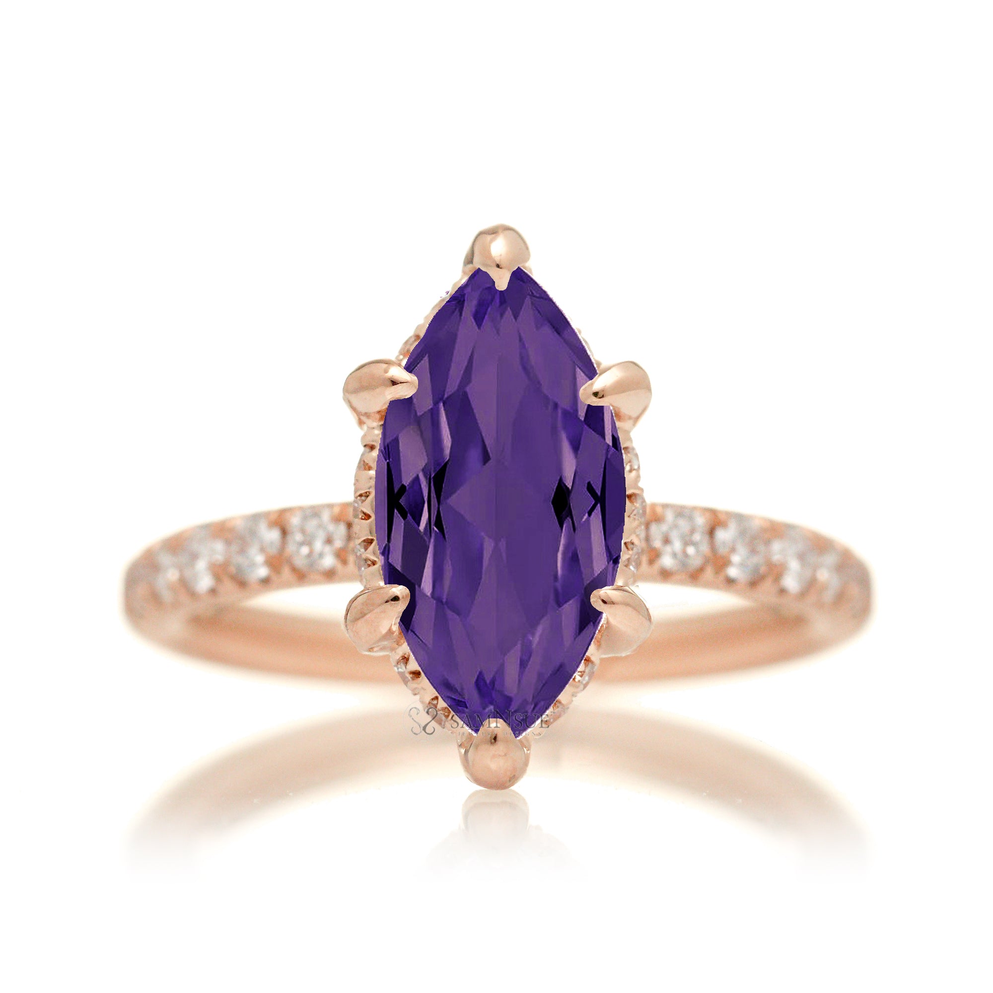 Marquise cut purple sapphire diamond engagement ring with rounded diamond band hidden halo rose gold