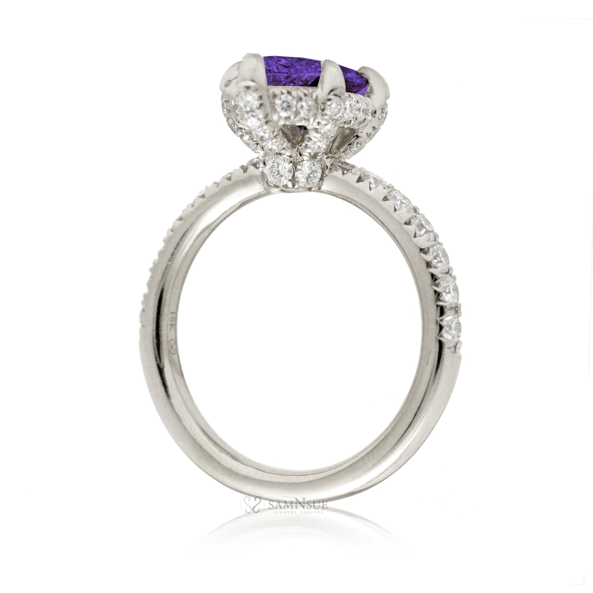 Marquise cut purple sapphire diamond engagement ring with rounded diamond band hidden halo white  gold